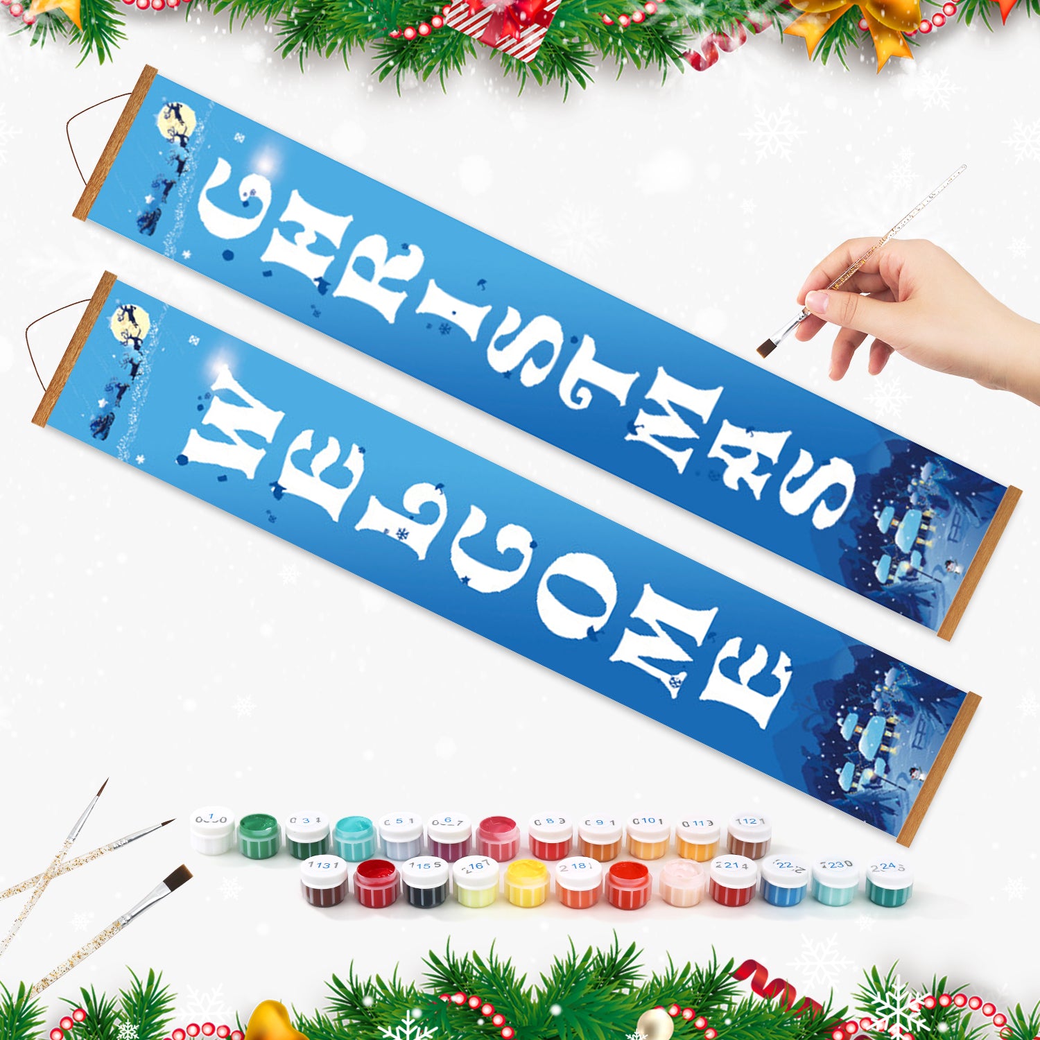 Decorative banner with 'Christmas is Coming' text, surrounded by Christmas-themed items on a white background.