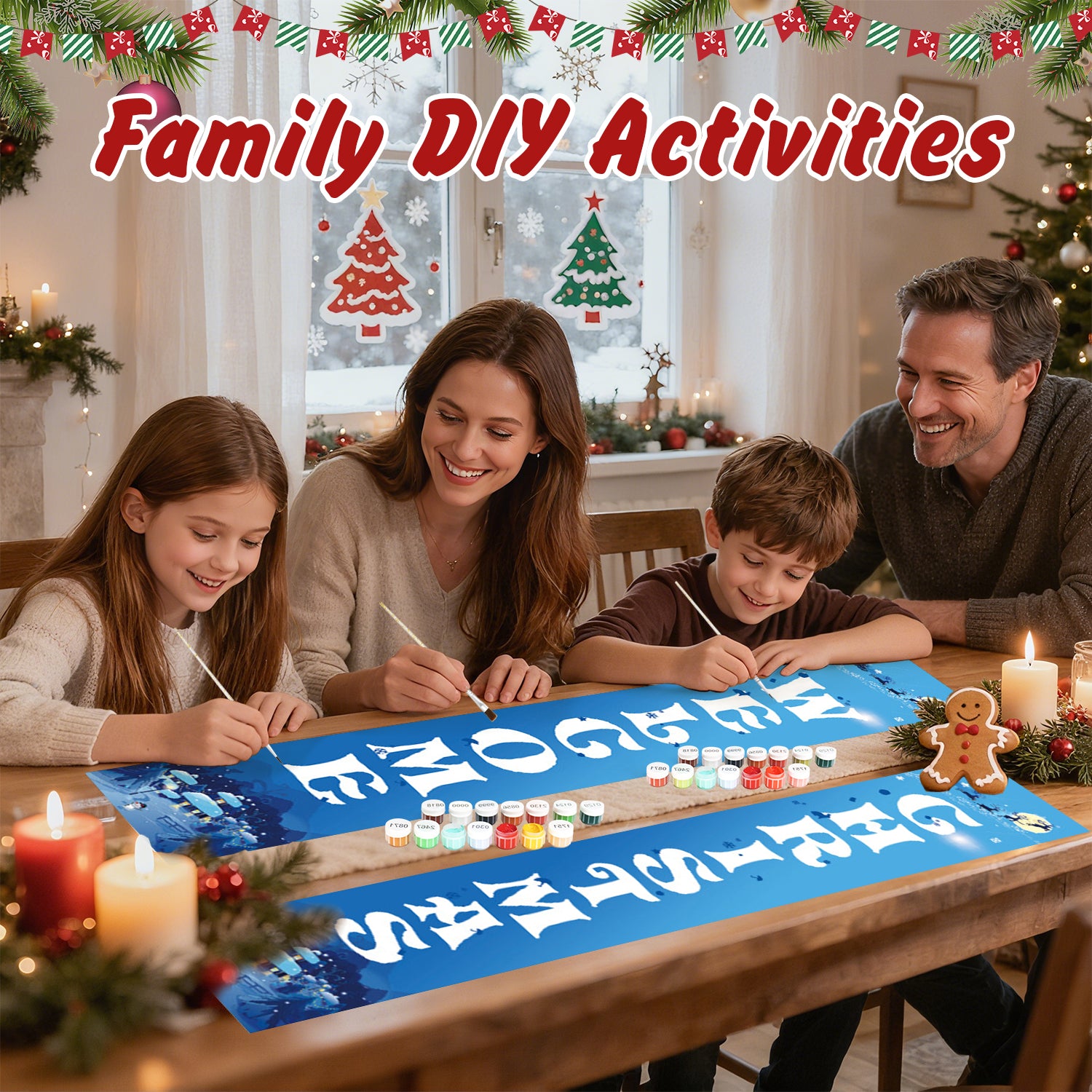 Family engaged in a DIY Christmas banner activity with festive decorations.