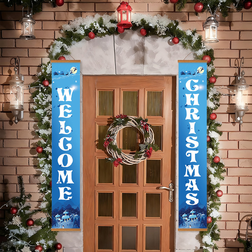 Puerta navideña decorativa con corona, guirnalda y carteles de "Bienvenida Navidad".