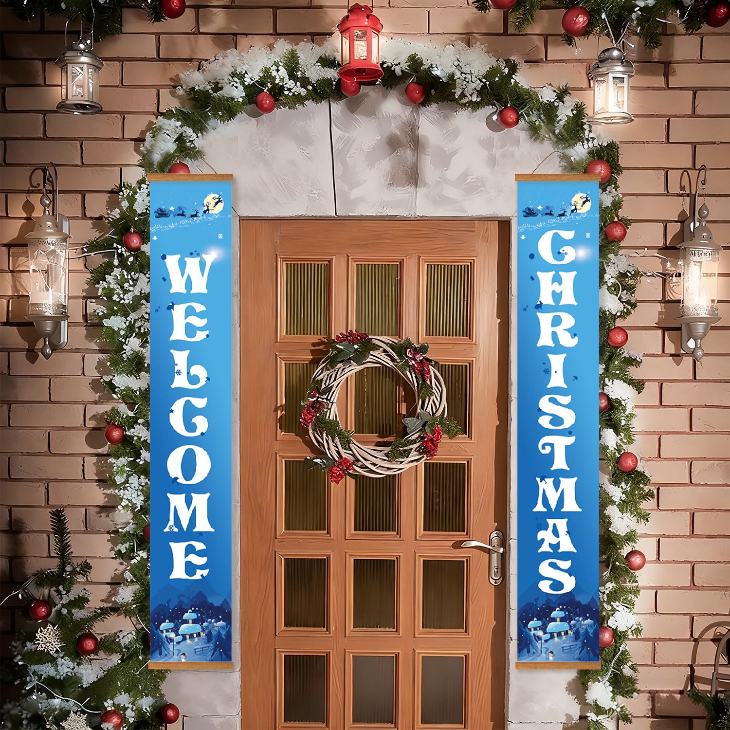 Decorative Christmas door with wreath, garland, and 'Welcome Christmas' signs.