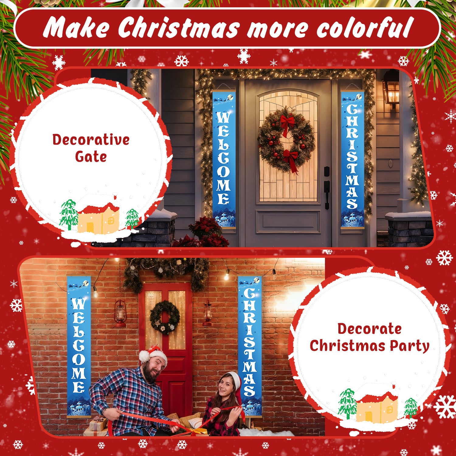 Decorative Christmas gate with 'Welcome' and 'Christmas' signs, suitable for festive outdoor use.