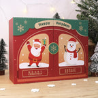 Advent calendar with Santa Claus and snowman design on a wooden surface with Christmas trees in the background.