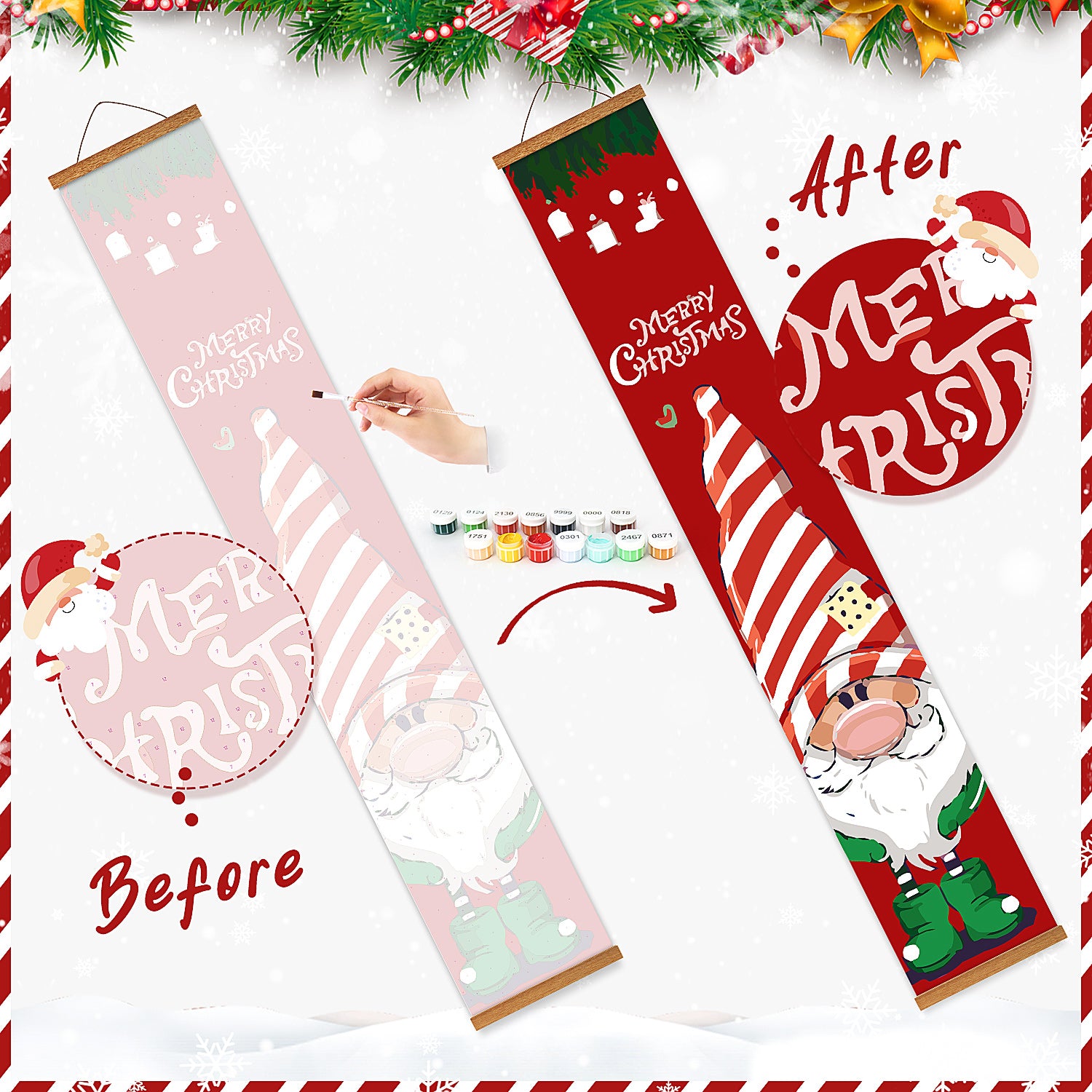 Before and after Christmas-themed banner with Santa Claus design on a white background.