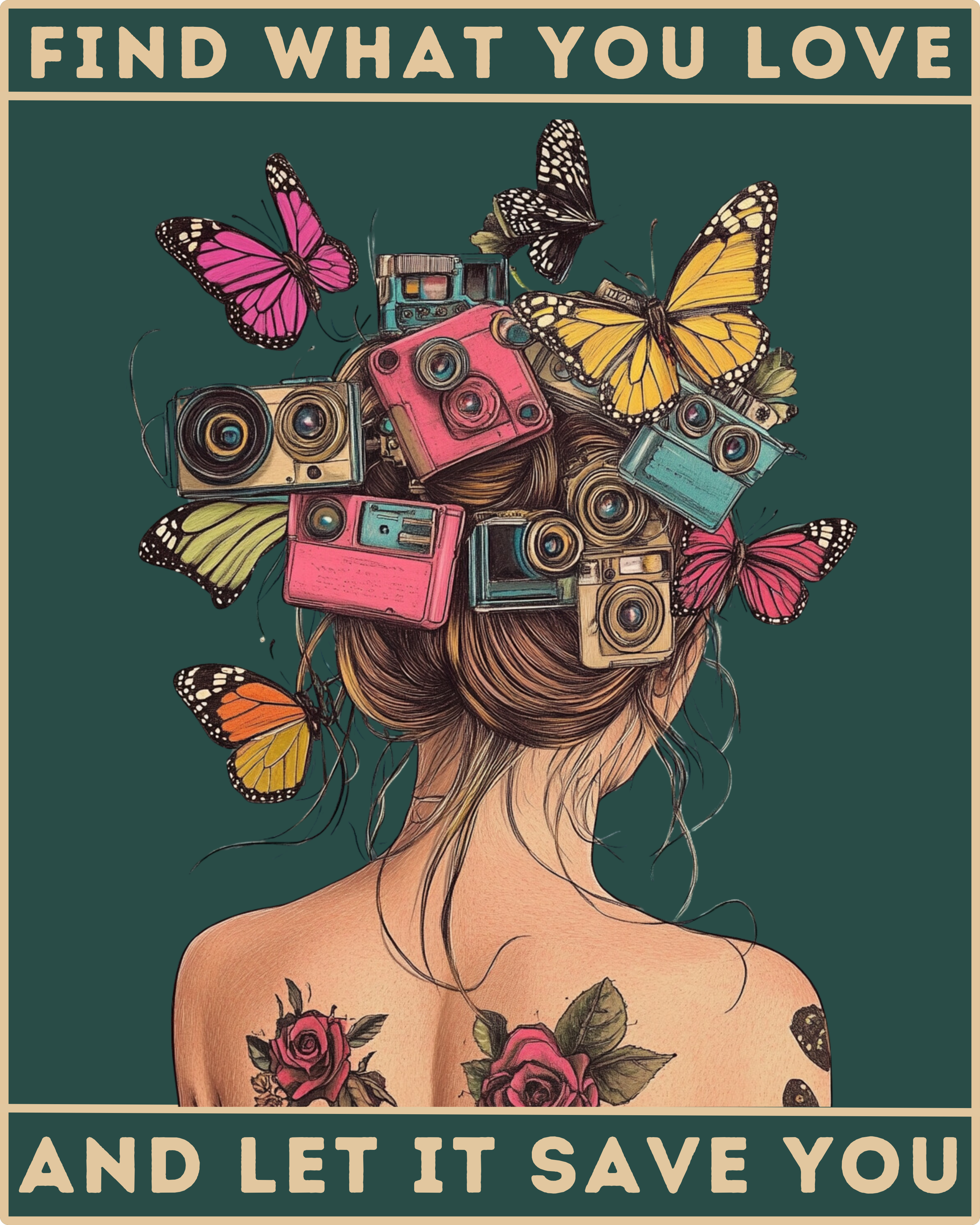 A paint-by-numbers kit image featuring a whimsical figure with colorful vintage cameras in her hair, surrounded by butterflies, with the text ' FIND WHAT YOU LOVE AND LET IT SAVE YOU'.
