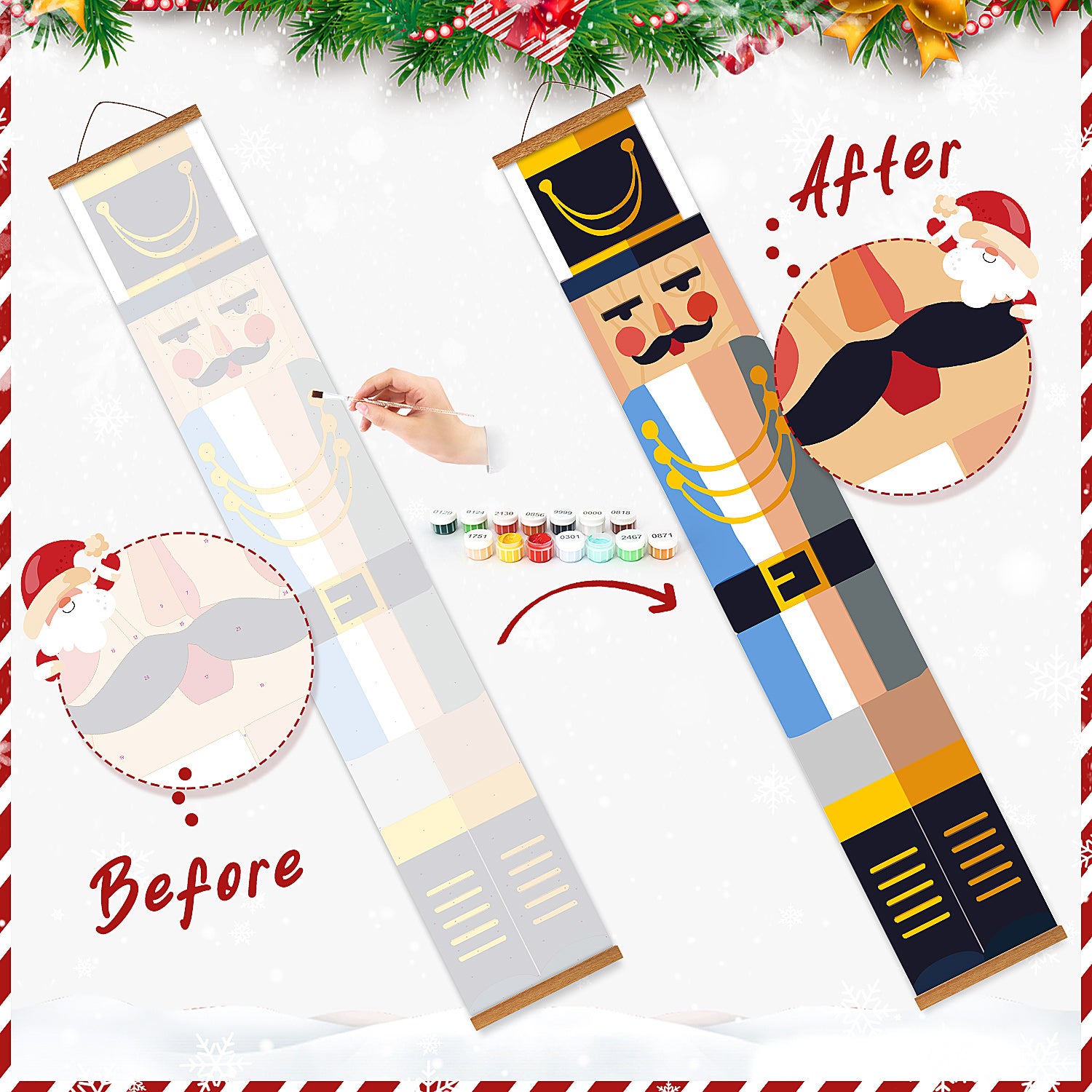 Wachstumsdiagramm im Nussknacker-Design, das die Phasen „Vorher“ und „Nachher“ auf weißem Hintergrund mit Weihnachtsdekoration zeigt.
