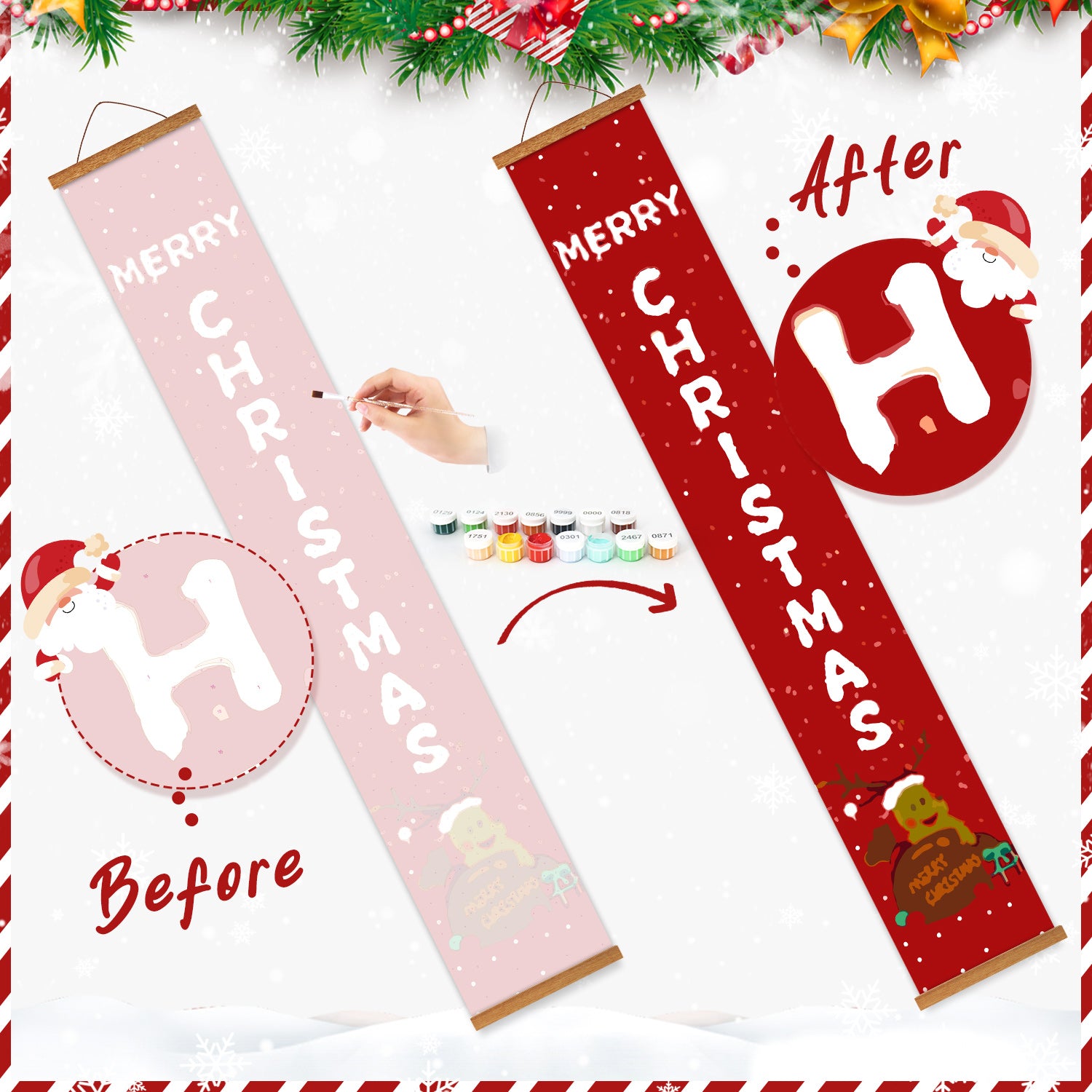 Weihnachtsbanner mit „Merry Christmas“-Text und dekorativen Elementen auf weißem Hintergrund.