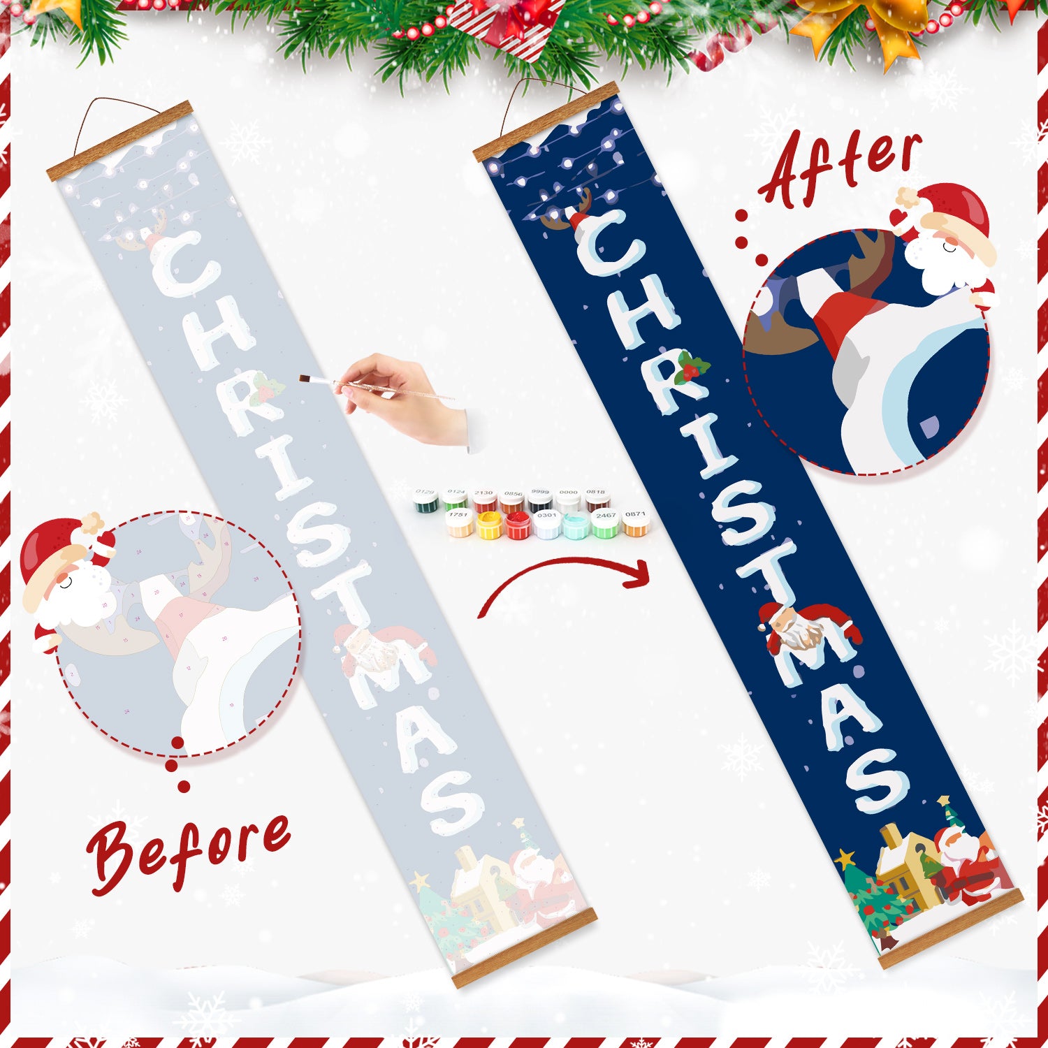 Two Christmas-themed scroll banners with 'Before' and 'After' designs, surrounded by festive decorations.