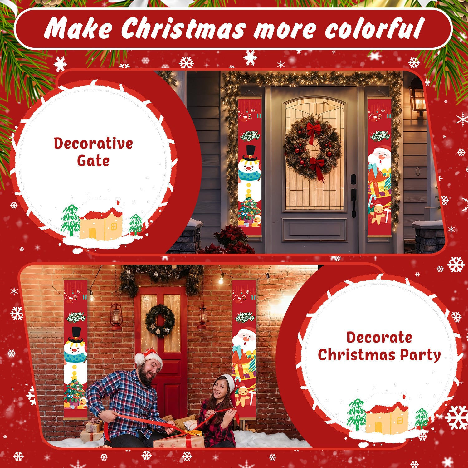 Portail de Noël décoratif avec motifs festifs et texte sur fond rouge.