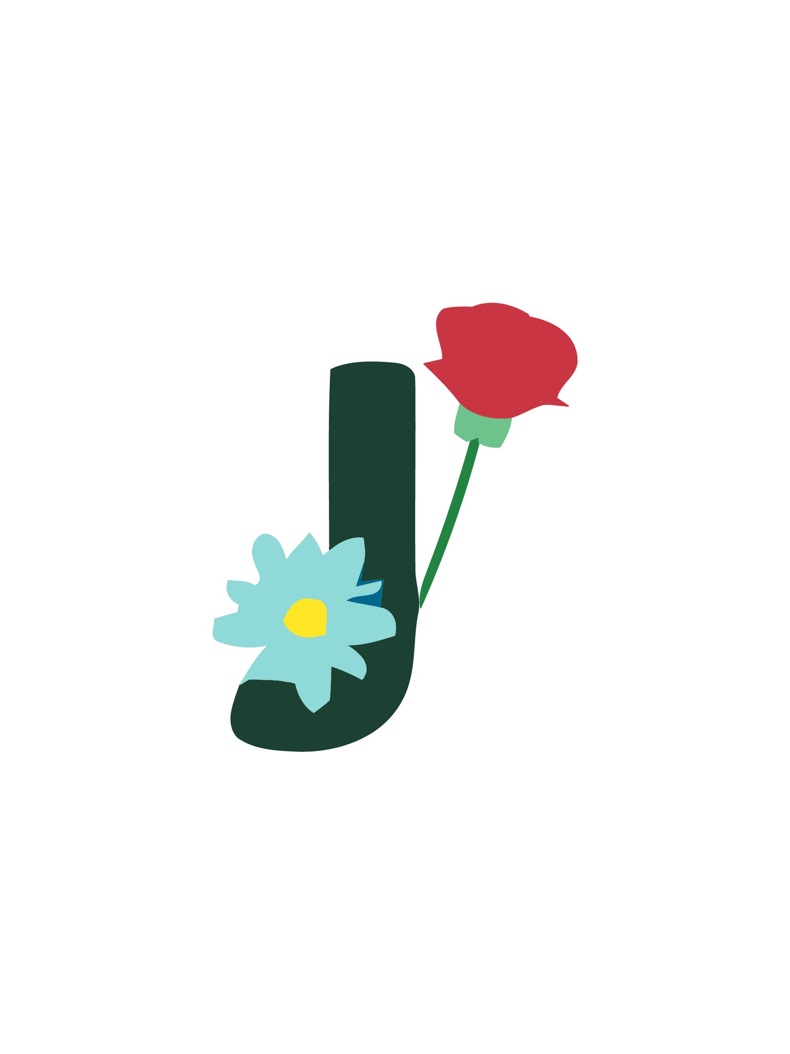 Buchstabe „J“ mit roter Rose und blauer Blume auf weißem Hintergrund