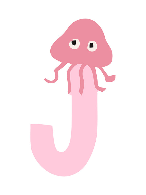 Pink letter 'J' with a jellyfish design on a white background