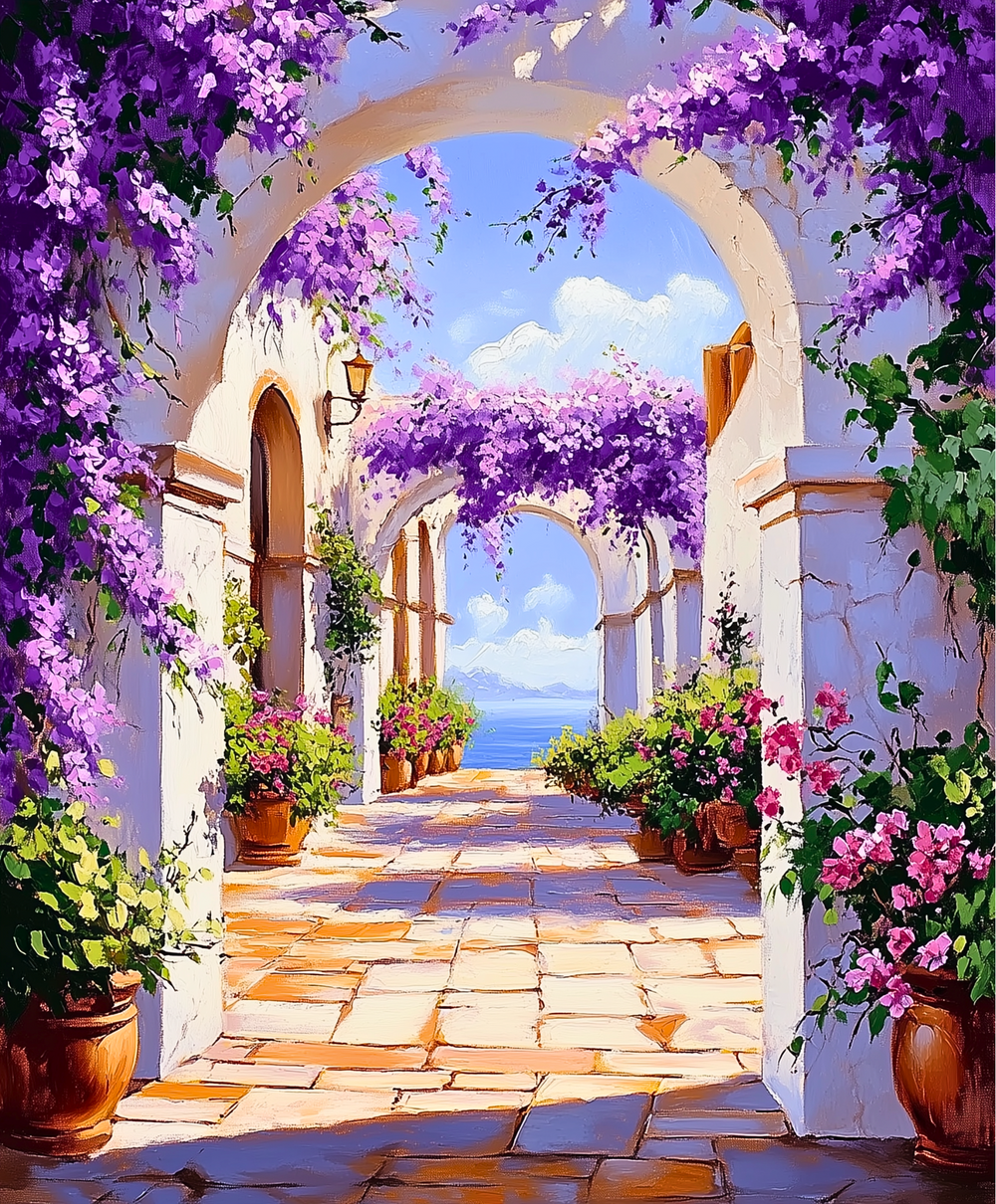 A paint-by-numbers kit depicting a vibrant scene with white stone archways, cascading bougainvillea, and a shimmering ocean in the distance.