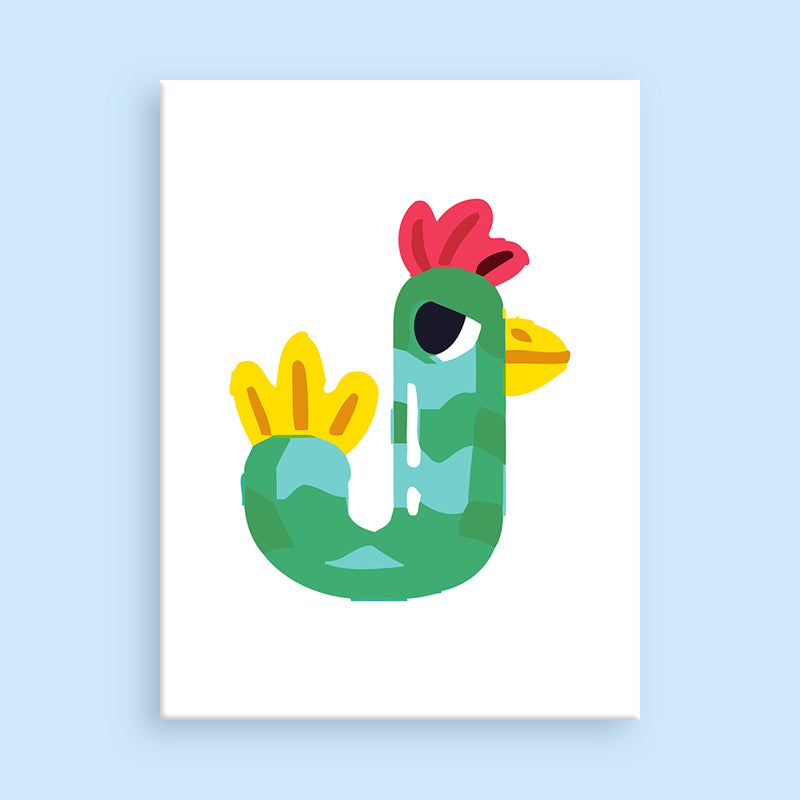 Lettre colorée « U » en forme de coq sur fond blanc avec une bordure bleu clair.