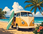 A yellow camper van and green surfboard on a tropical beach beneath palm trees.