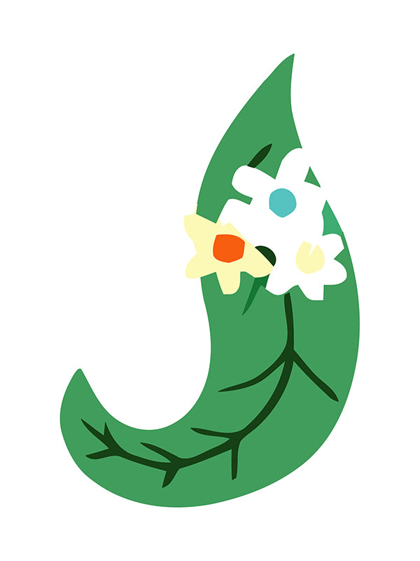 Green leaf with flowers on a white background