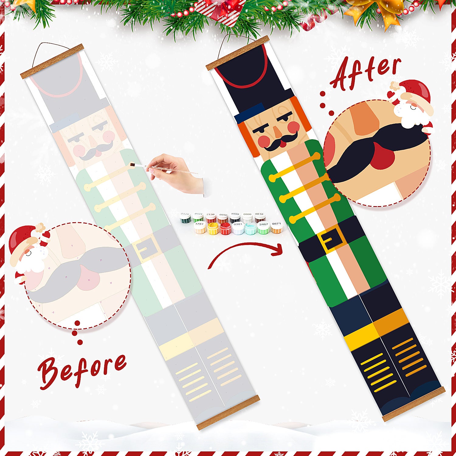 Growth chart with nutcracker design before and after customization, Christmas-themed border.