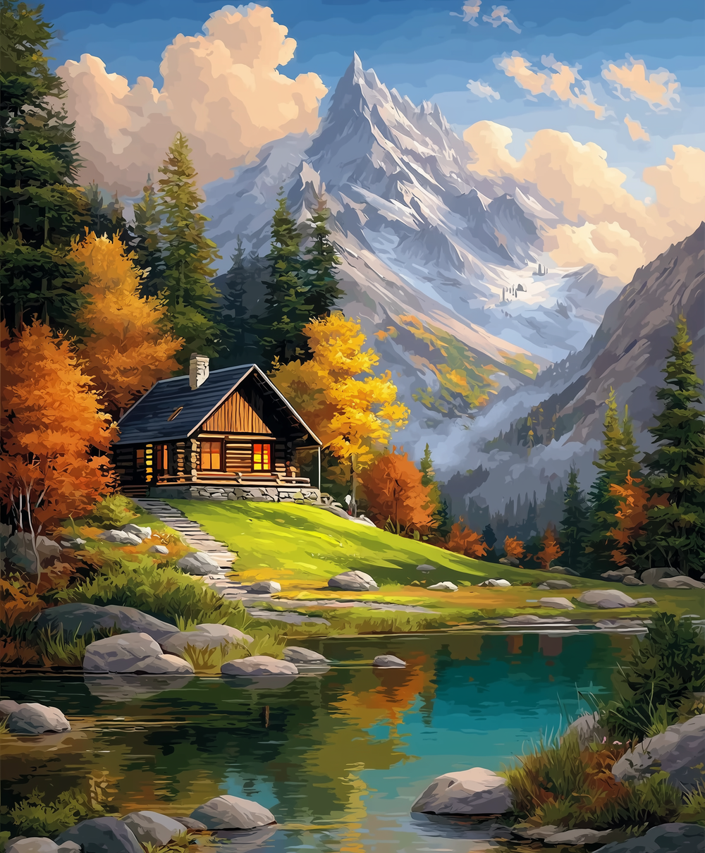 A paint by numbers kit depicting a cabin surrounded by autumn trees with a crystal-clear lake and majestic mountains in the background.
