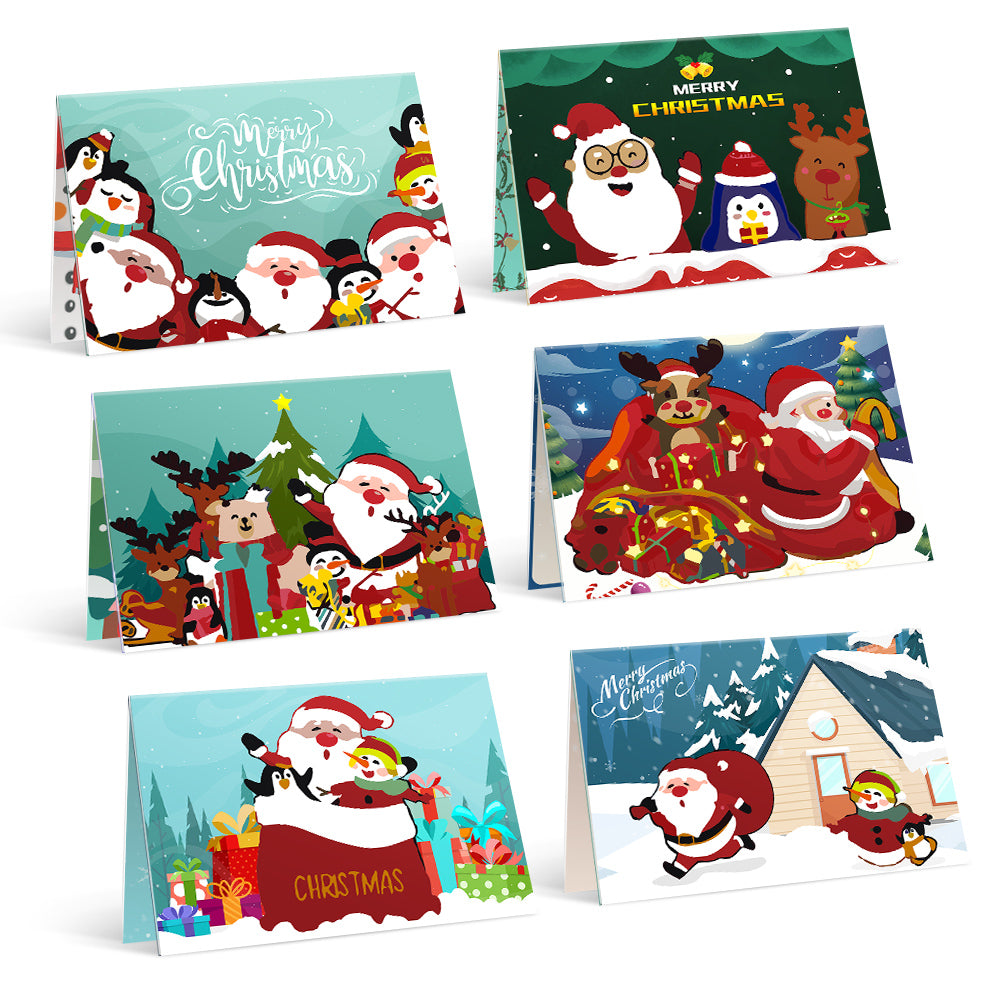 Eine Sammlung von sechs Malen-nach-Zahlen-Karten zum Thema Weihnachten mit Figuren wie dem Weihnachtsmann, Rentieren und Pinguinen in festlicher Umgebung.