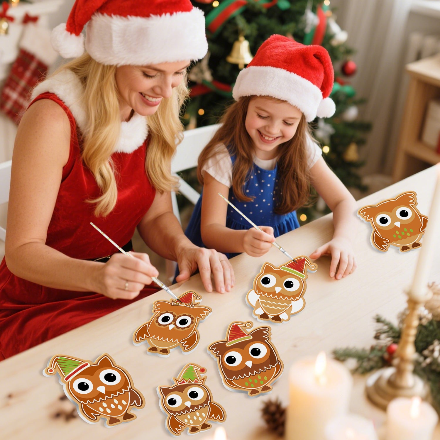 Woman and young girl wearing Santa hats painting owl ornaments on a table with a Christmas tree in the background.