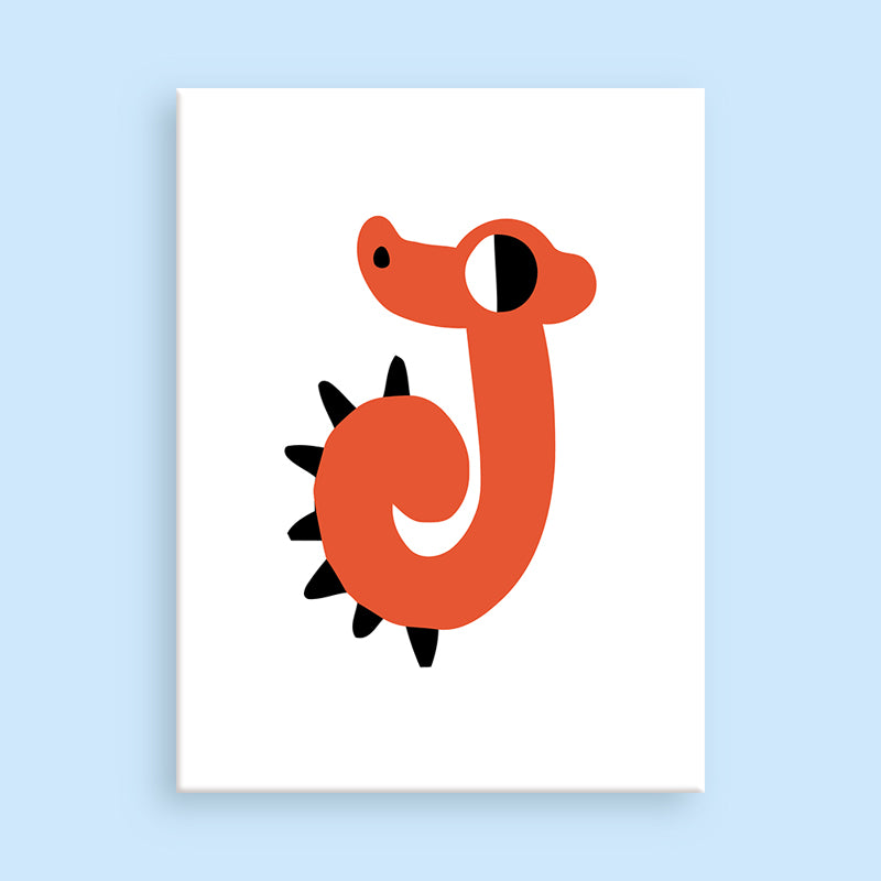 Illustration of a red dinosaur-like character on a white background with a light blue border