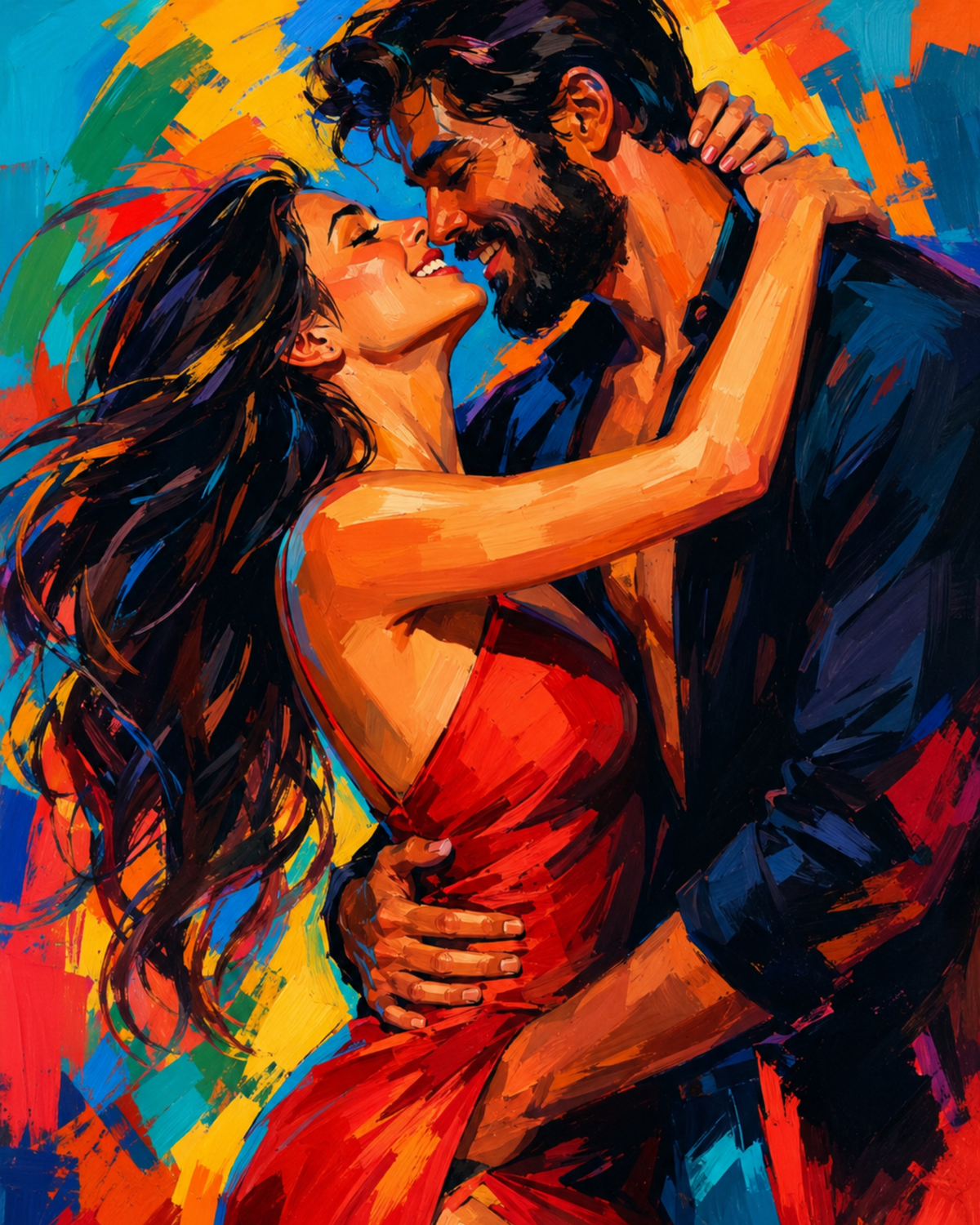 A woman in a red dress embracing a bearded man against bright blue and orange brushstrokes.