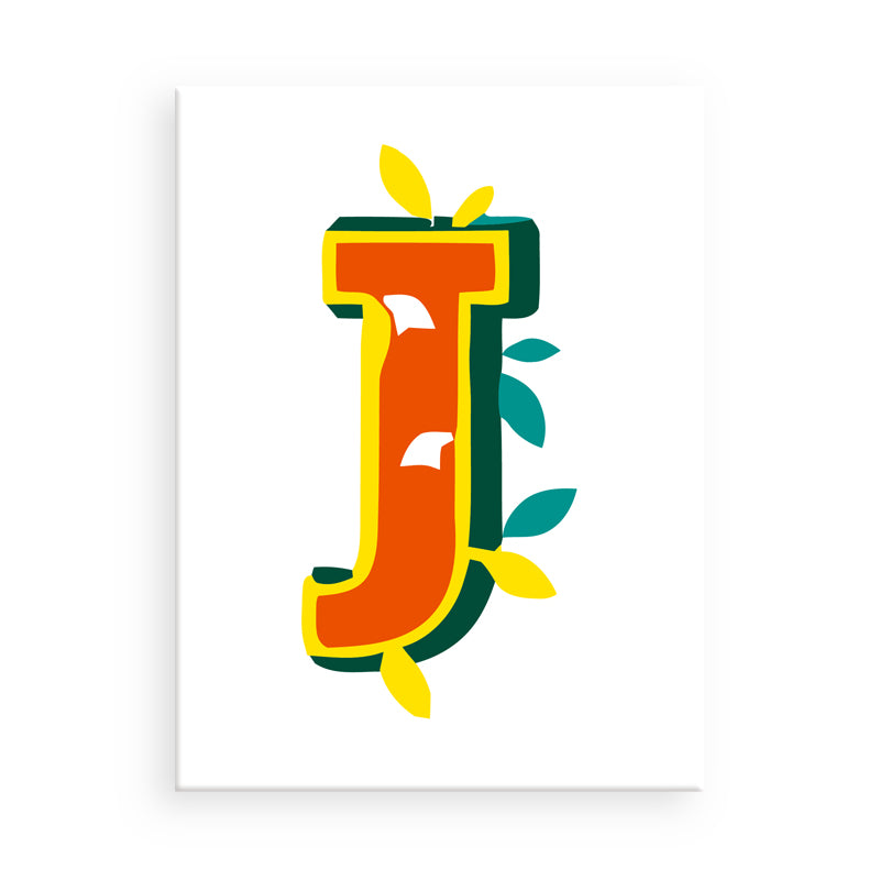 Colorful letter 'J' with leaf designs on a white background