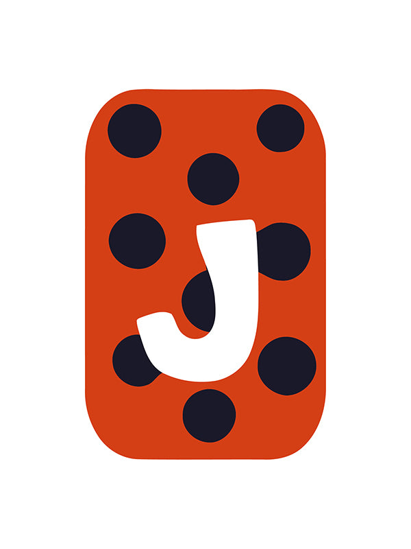 Letter 'J' on a red background with black polka dots