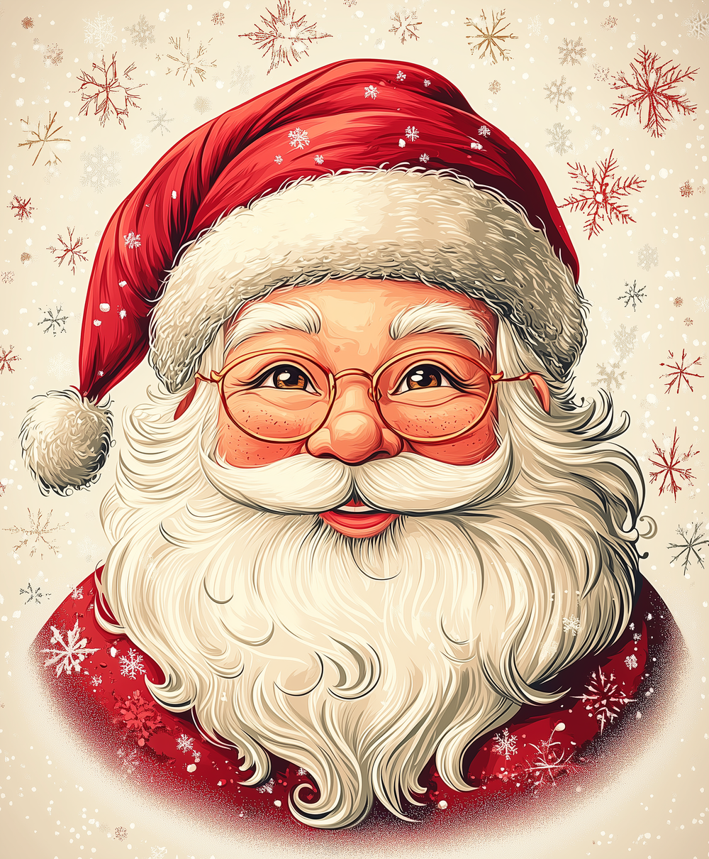 A paint by numbers kit depicting Santa Claus with red hat and glasses, surrounded by snowflakes.