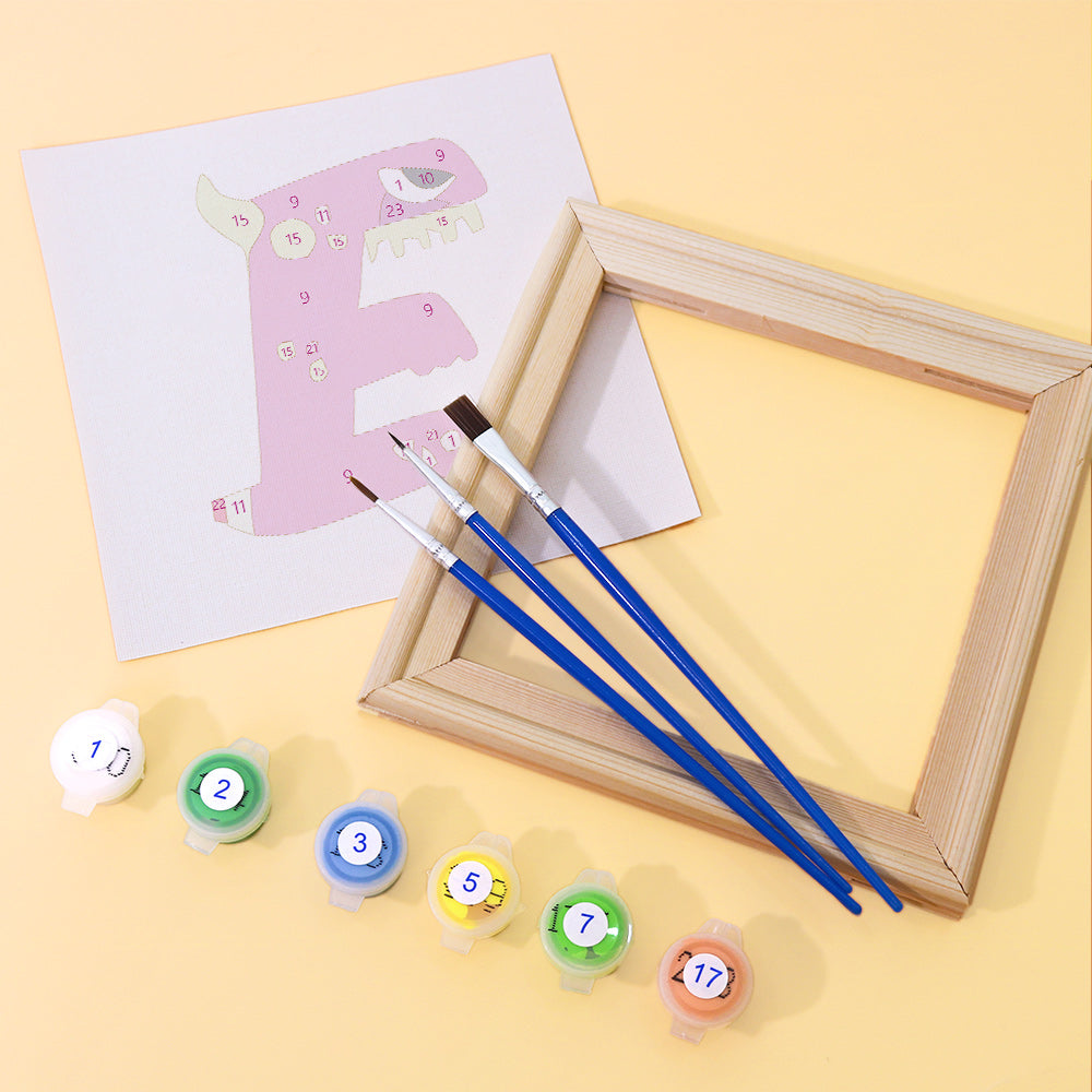 Paintbrushes and paint containers with a framed drawing on a yellow background