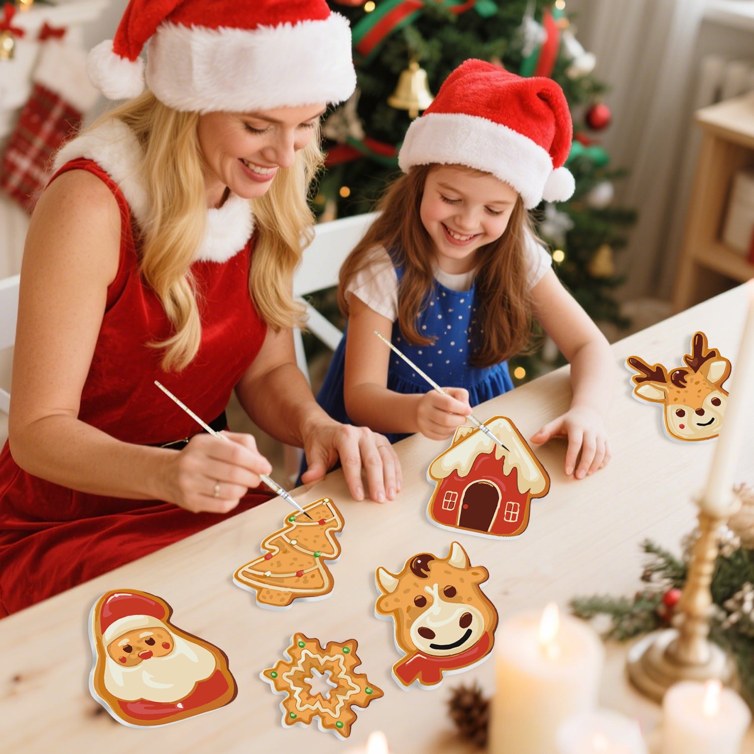 Woman and child decorating gingerbread cookies with a Christmas tree in the background