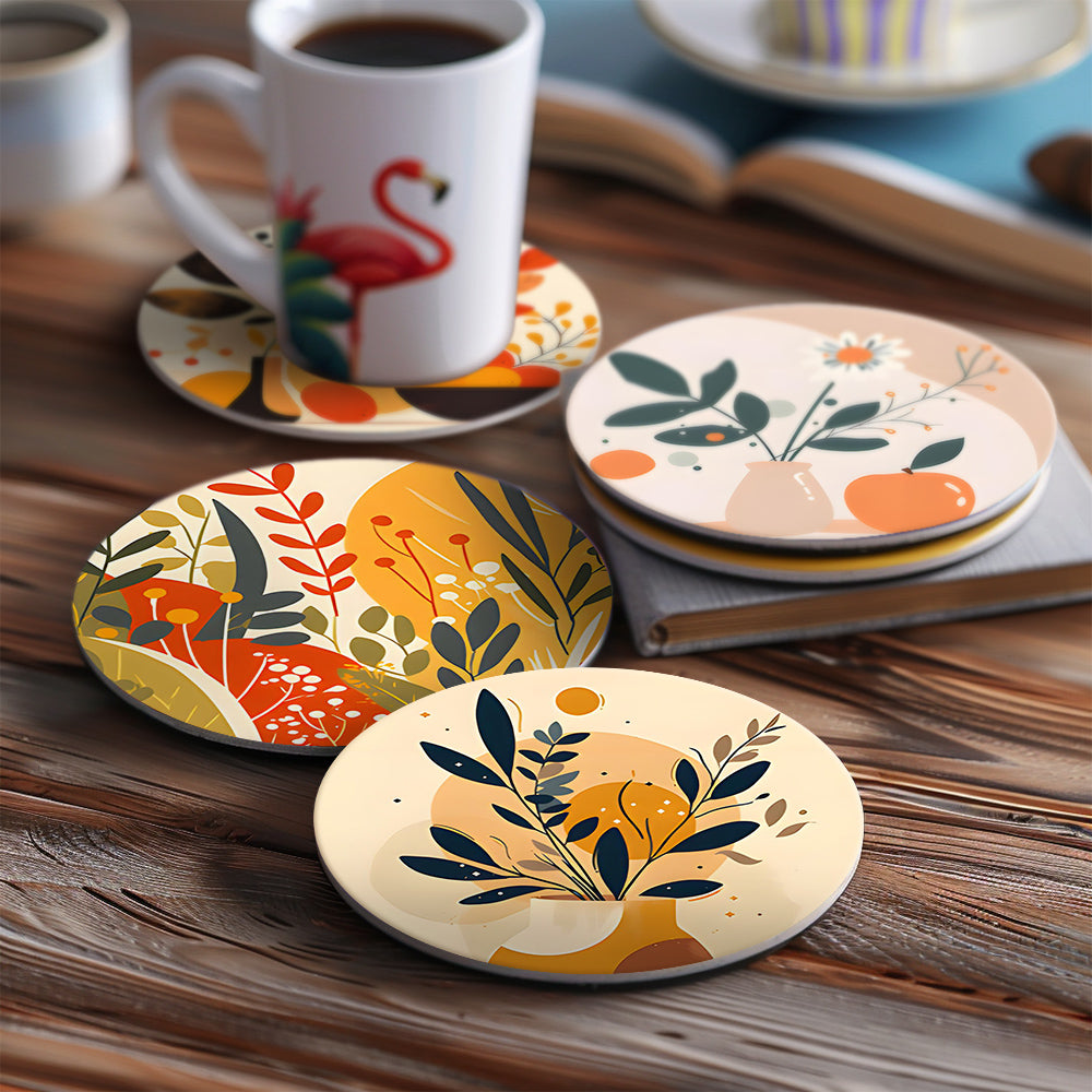 Obras de arte en posavasos Earthy Elegance que representan pinturas famosas de personas con matices de colores terrosos.