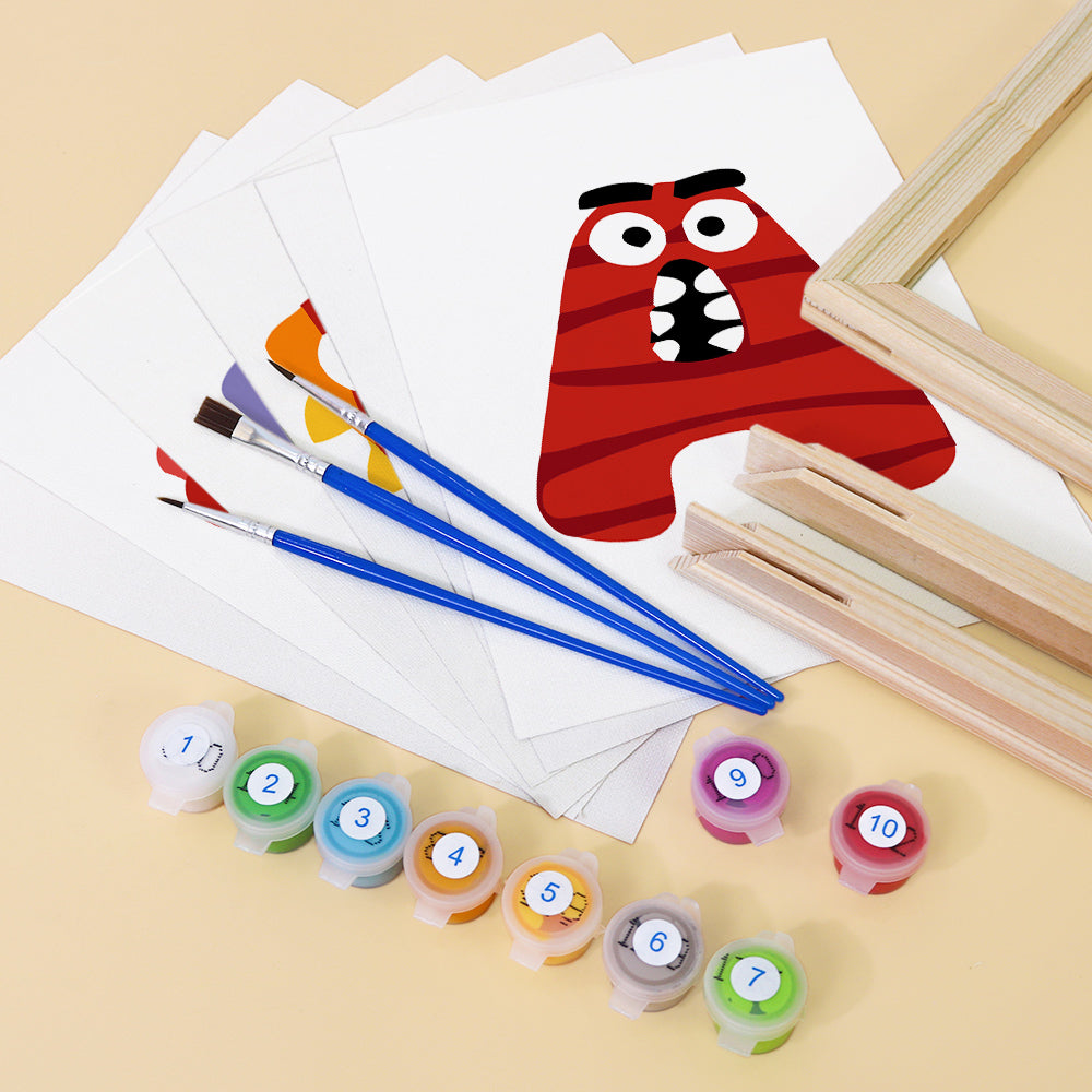 Art supplies including a red striped creature painting, brushes, and paint containers on a beige surface.