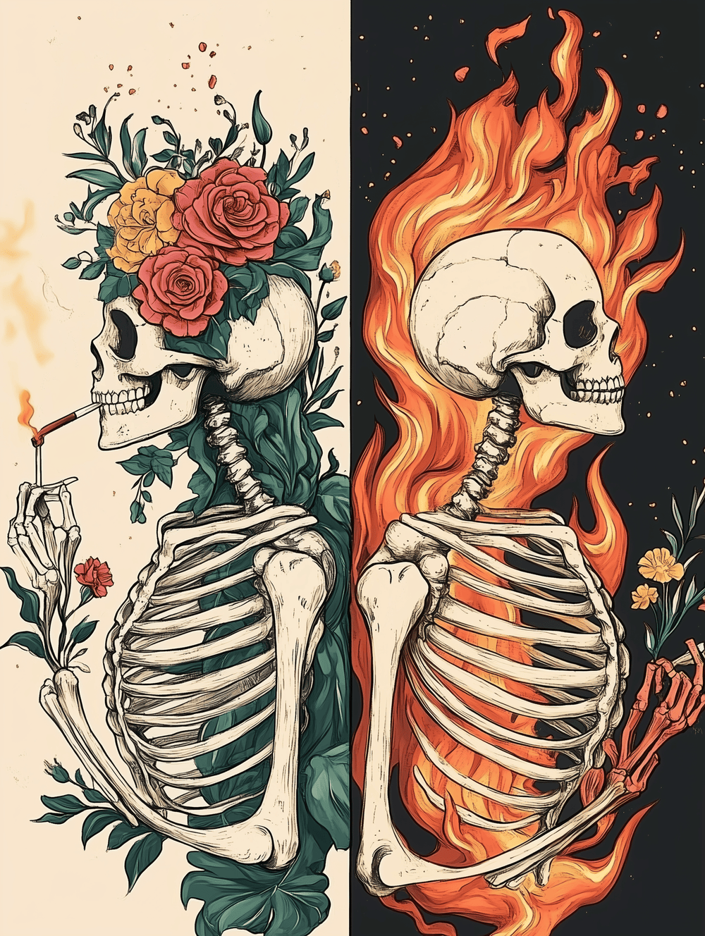 A paint by numbers kit image showing two skeletons, one with flowers and one with flames, representing a contrast between creation and destruction.