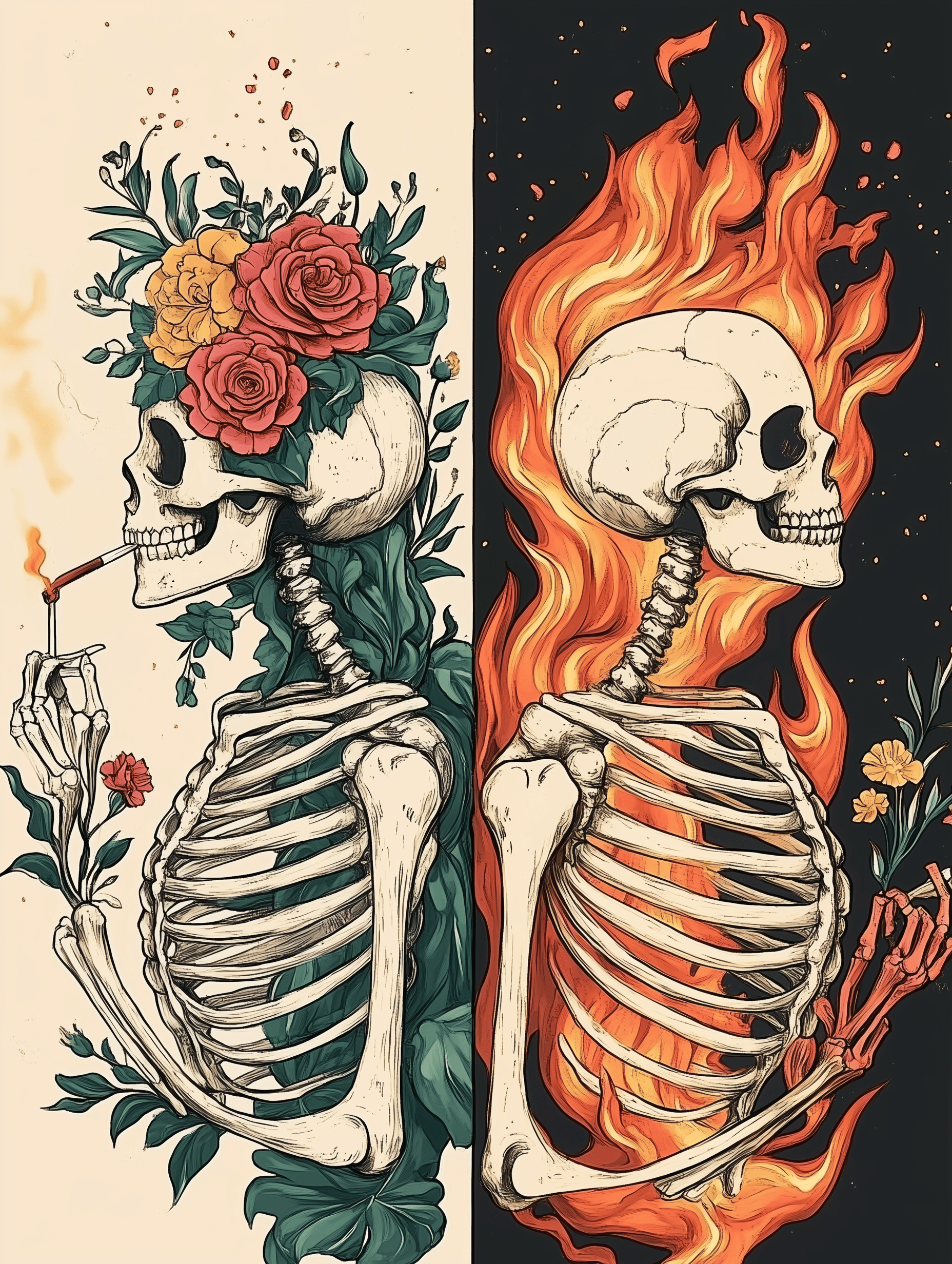 A paint by numbers kit image showing two skeletons, one with flowers and one with flames, representing a contrast between creation and destruction.