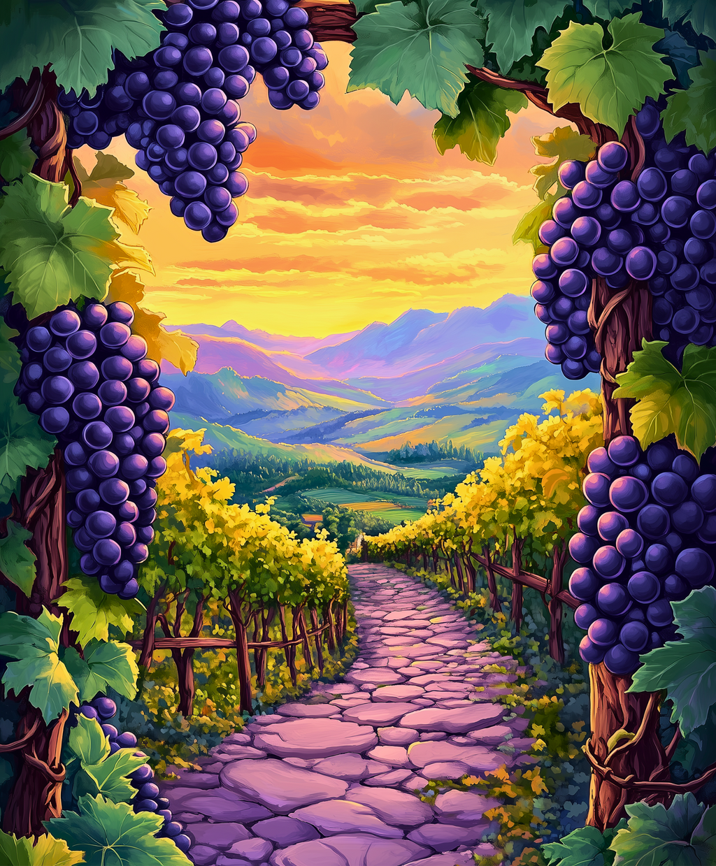 Golden vineyard paint by numbers kit with sunset view