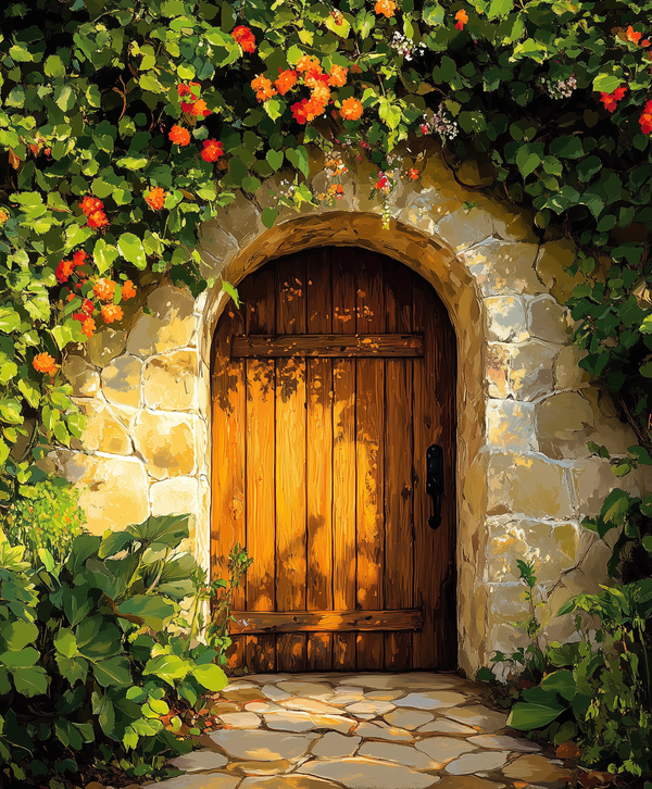 Sunset Garden Gate paint by numbers kit with glowing evening sky