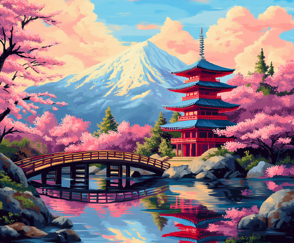 Blossoms of Fuji paint by numbers kit for beginners and adults