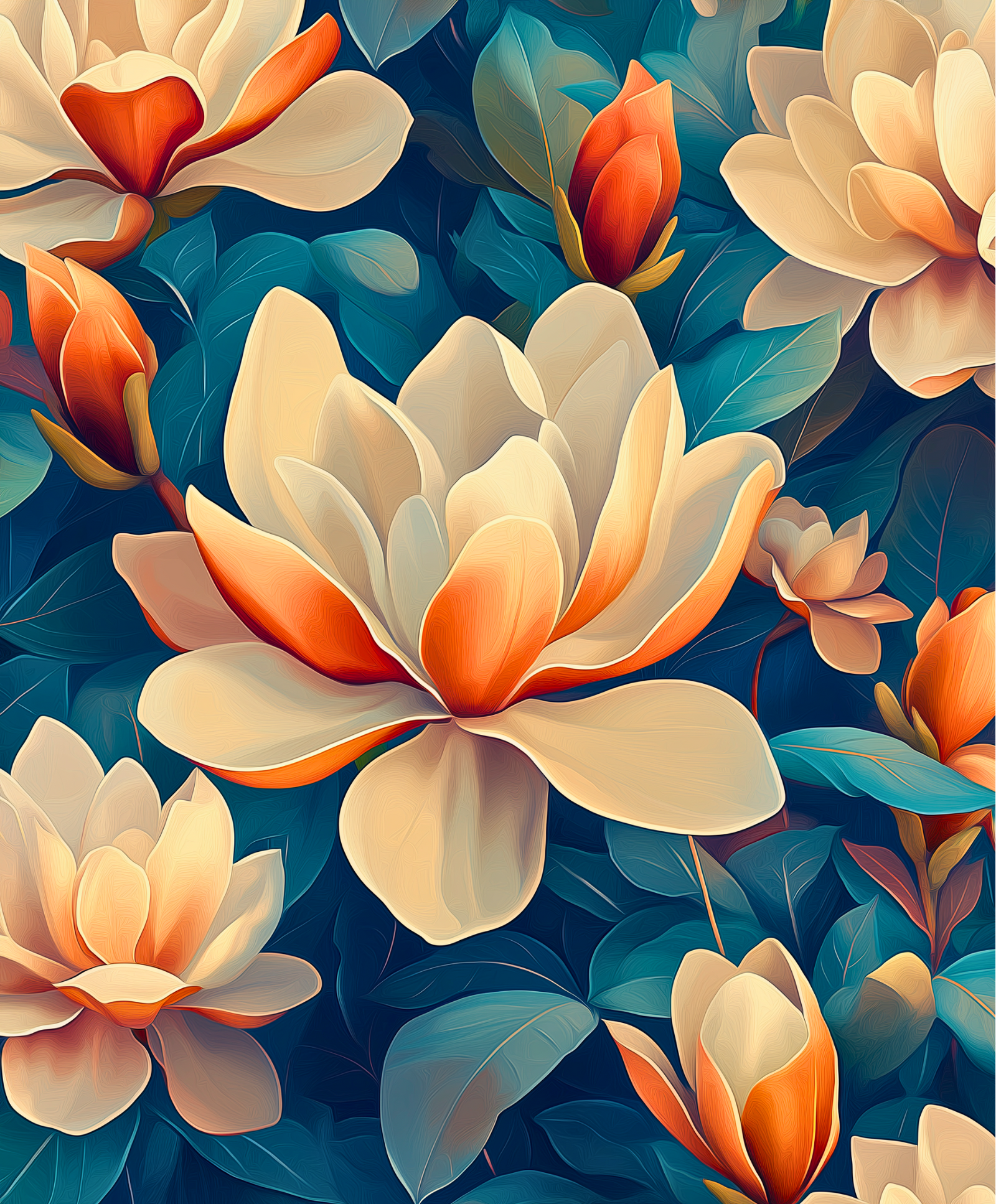 Peinture par numéro Magnolia Ember avec des détails floraux vibrants inspirés des peintures célèbres et du style des peintures célèbres de Van Gogh.