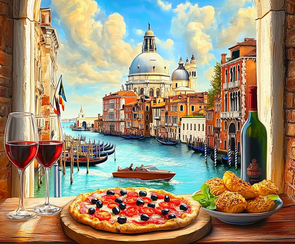A Slice of Venice paint by numbers kit featuring gondolas on the water