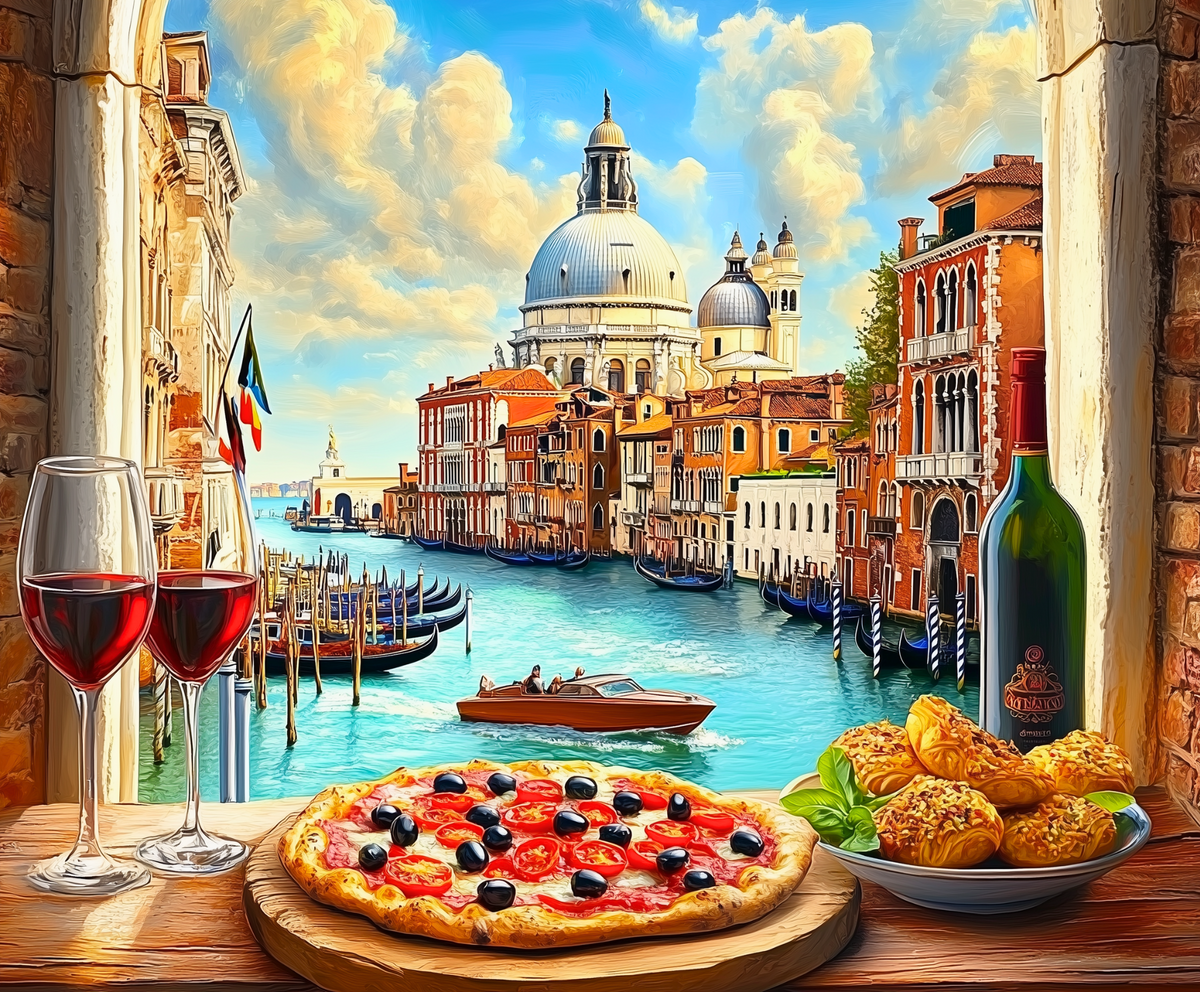 Ein „Slice of Venice“-Malen-nach-Zahlen-Set mit Gondeln auf dem Wasser