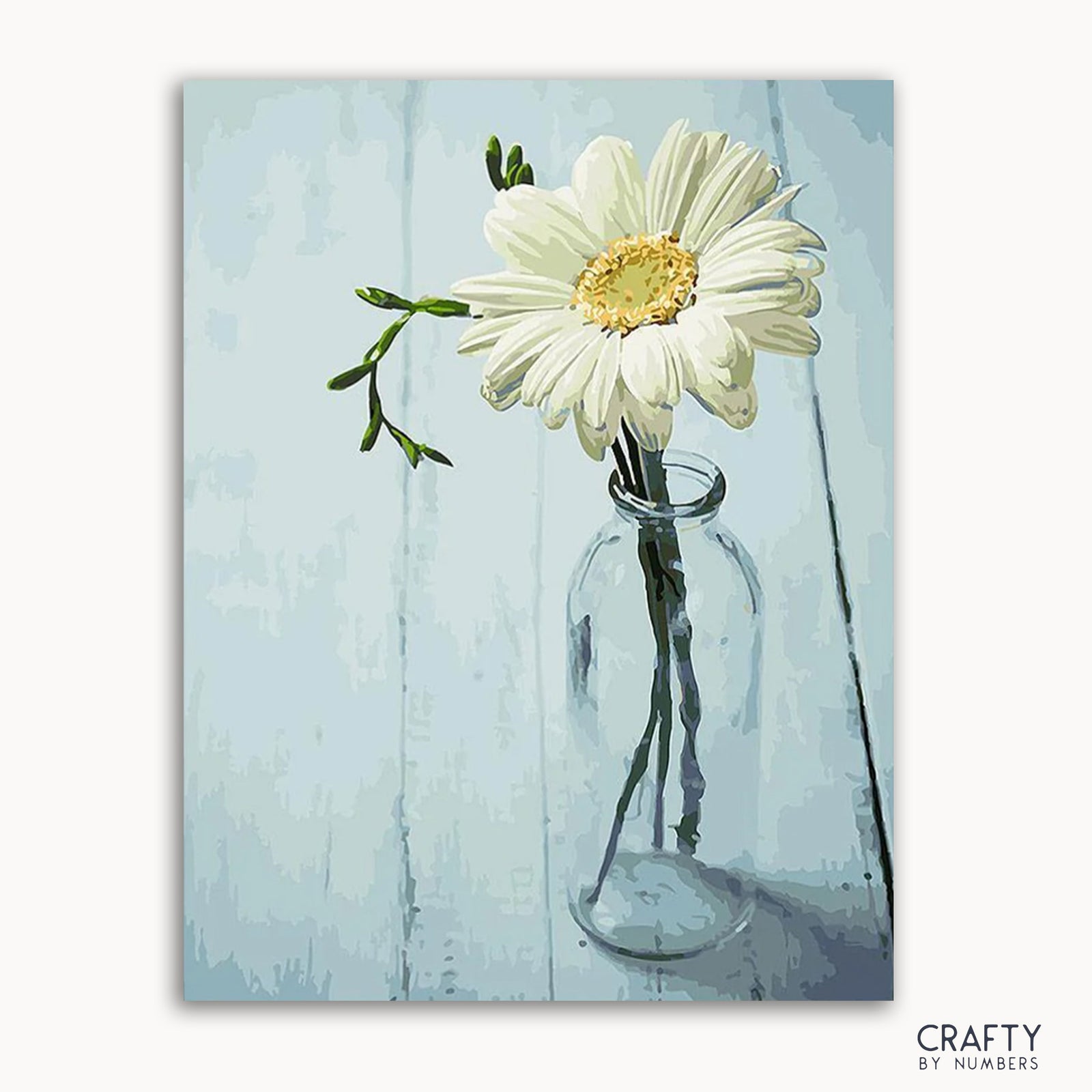 Une image de kit de peinture par numéros représentant une seule fleur dans un vase transparent sur fond bleu, étiquetée « CRAFTY by Numbers ».