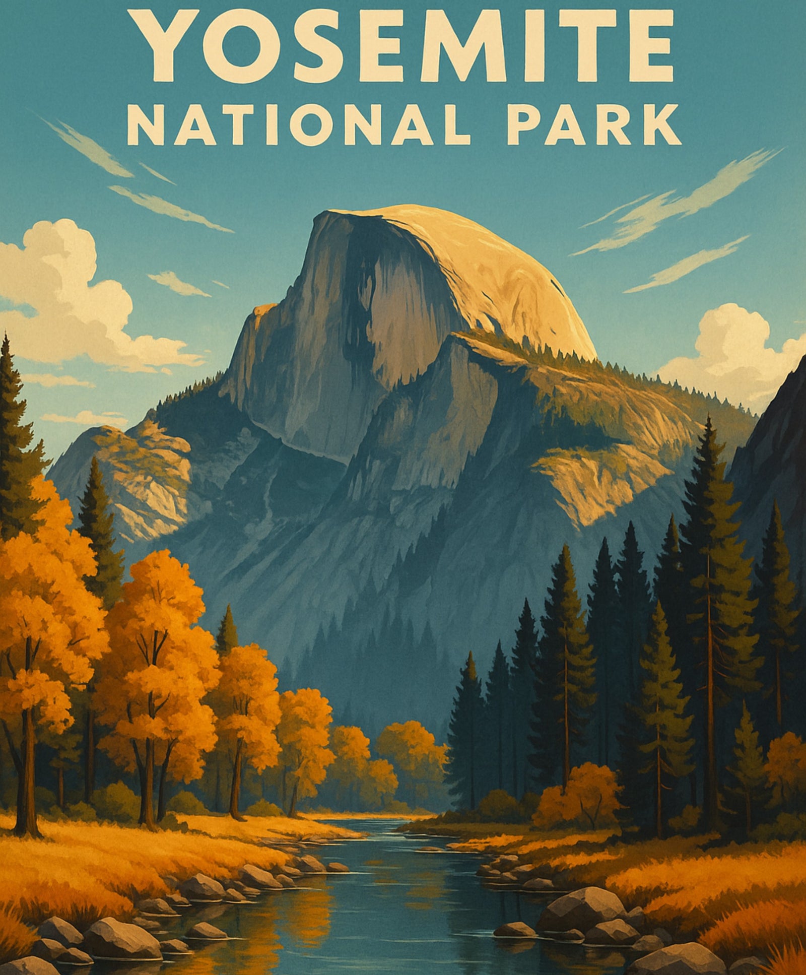Wilderness scenery of Yosemite National Park Half Dome view, designed as a DIY paint by numbers set.