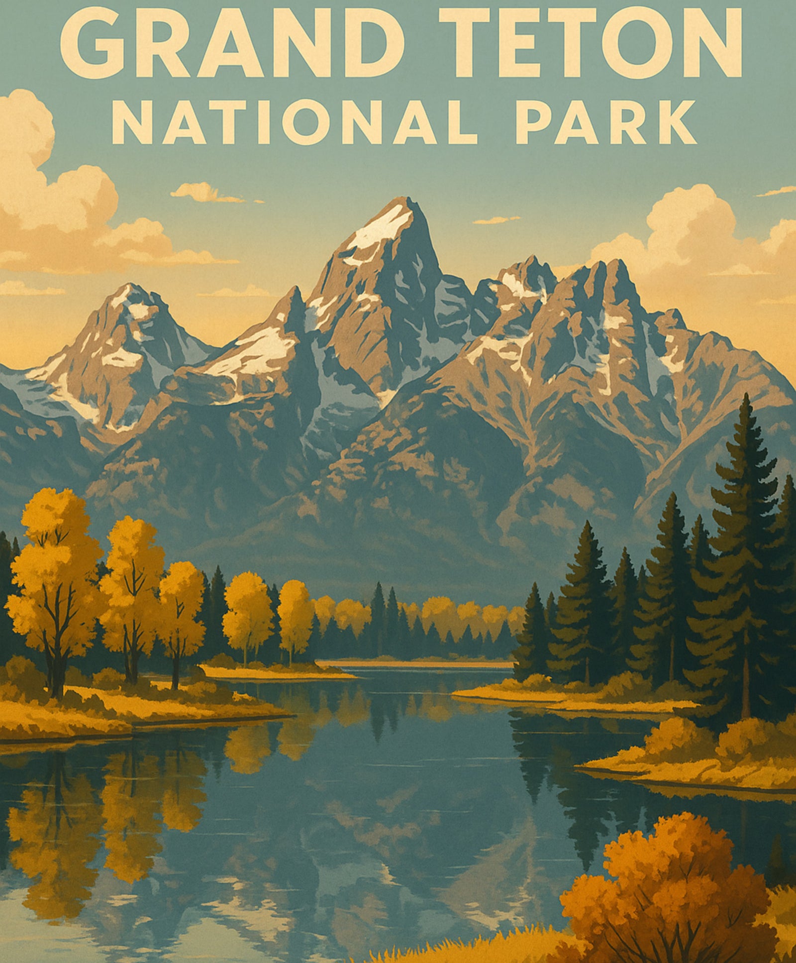 Scenic mountain painting kit inspired by Golden Peaks in Grand Teton, perfect for color by numbers hobby.