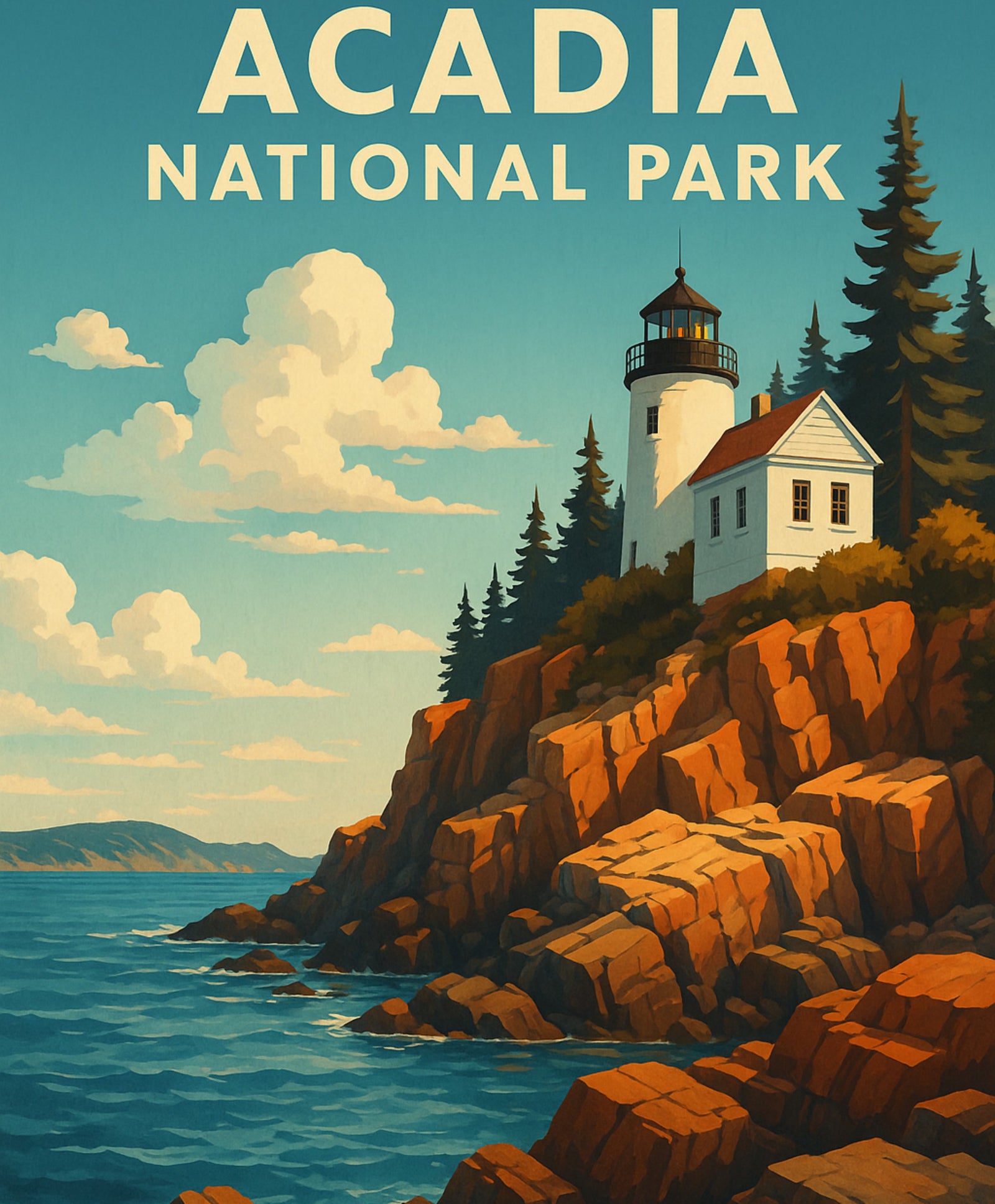 Lighthouse on a rocky cliff with 'Acadia National Park' text