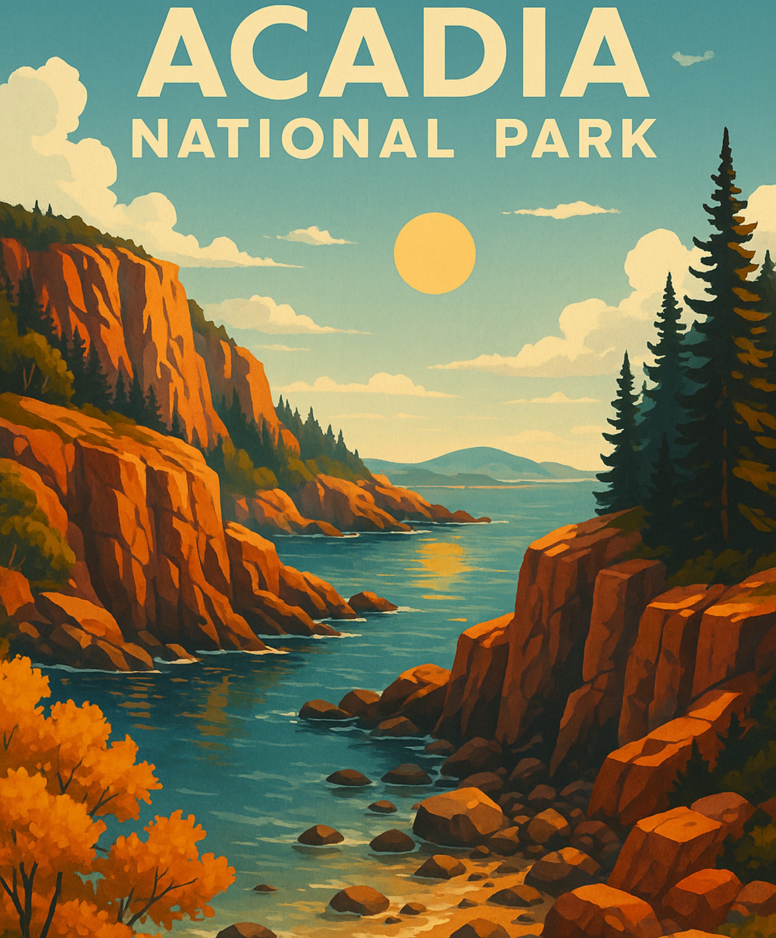Scenic DIY paint by numbers kit of Acadia National Park with sunlit cliffs and coastal outdoor scenery.