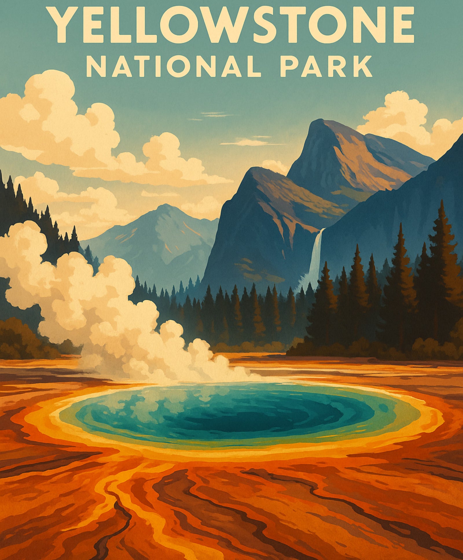 Malset für den Yellowstone-Nationalpark mit Flüssen, Wäldern und Bergen für Heimwerker.