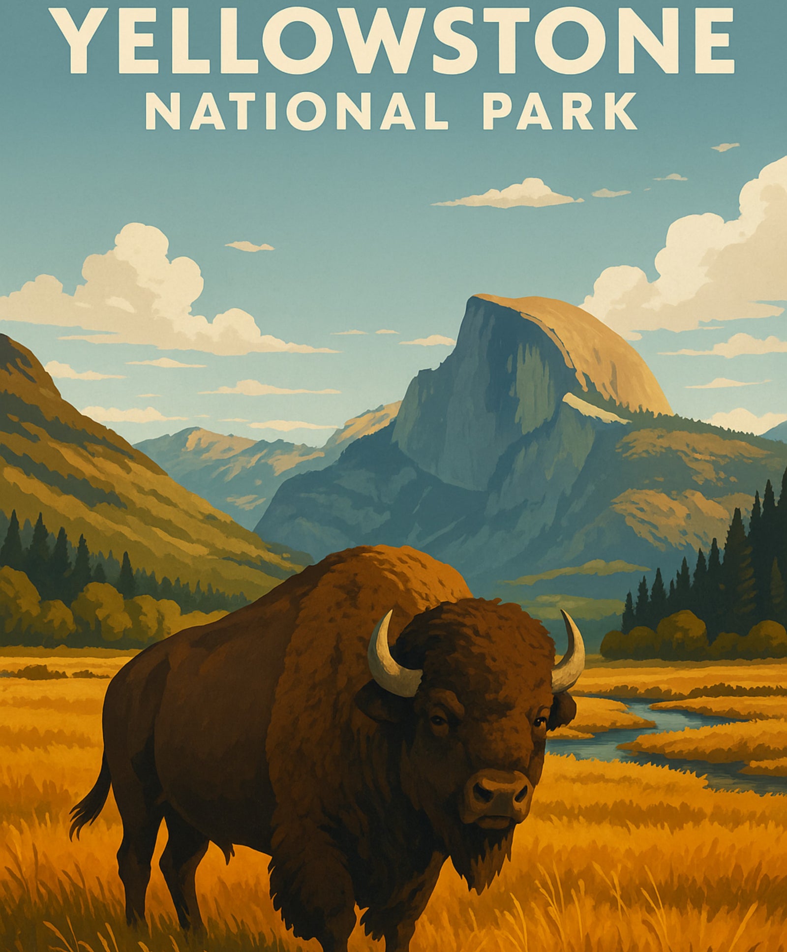 Kit de peinture de Yellowstone inspiré de la nature, mettant en valeur les plaines de bisons et de magnifiques vues panoramiques en plein air.