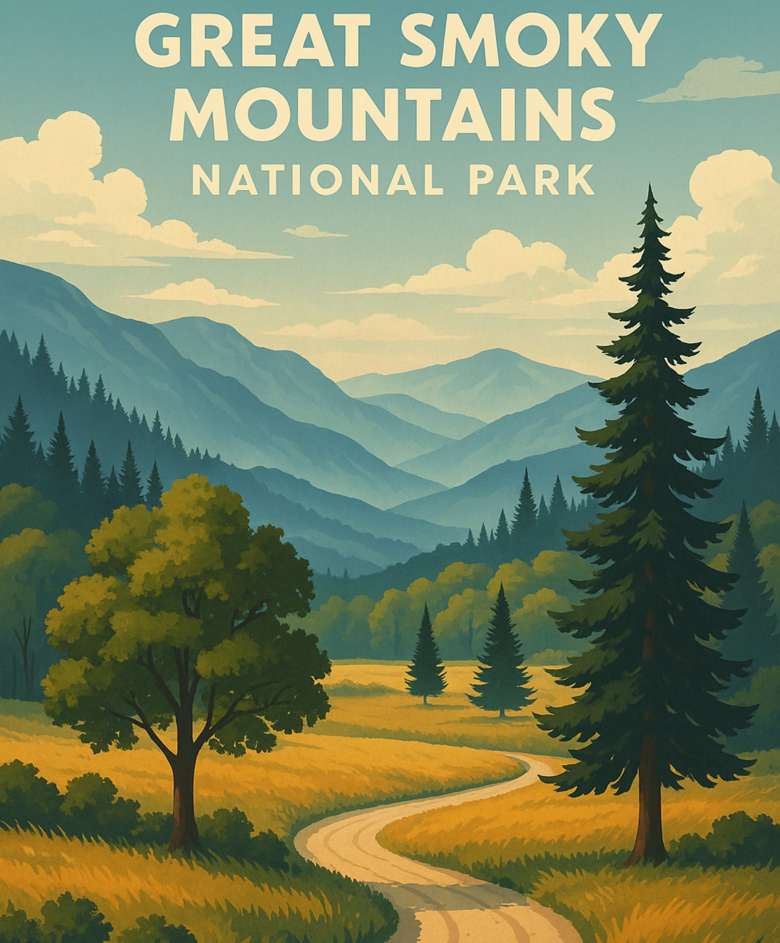 Mountain landscape DIY painting kit, Great Smoky Mountains National Park Golden Meadow illustration.