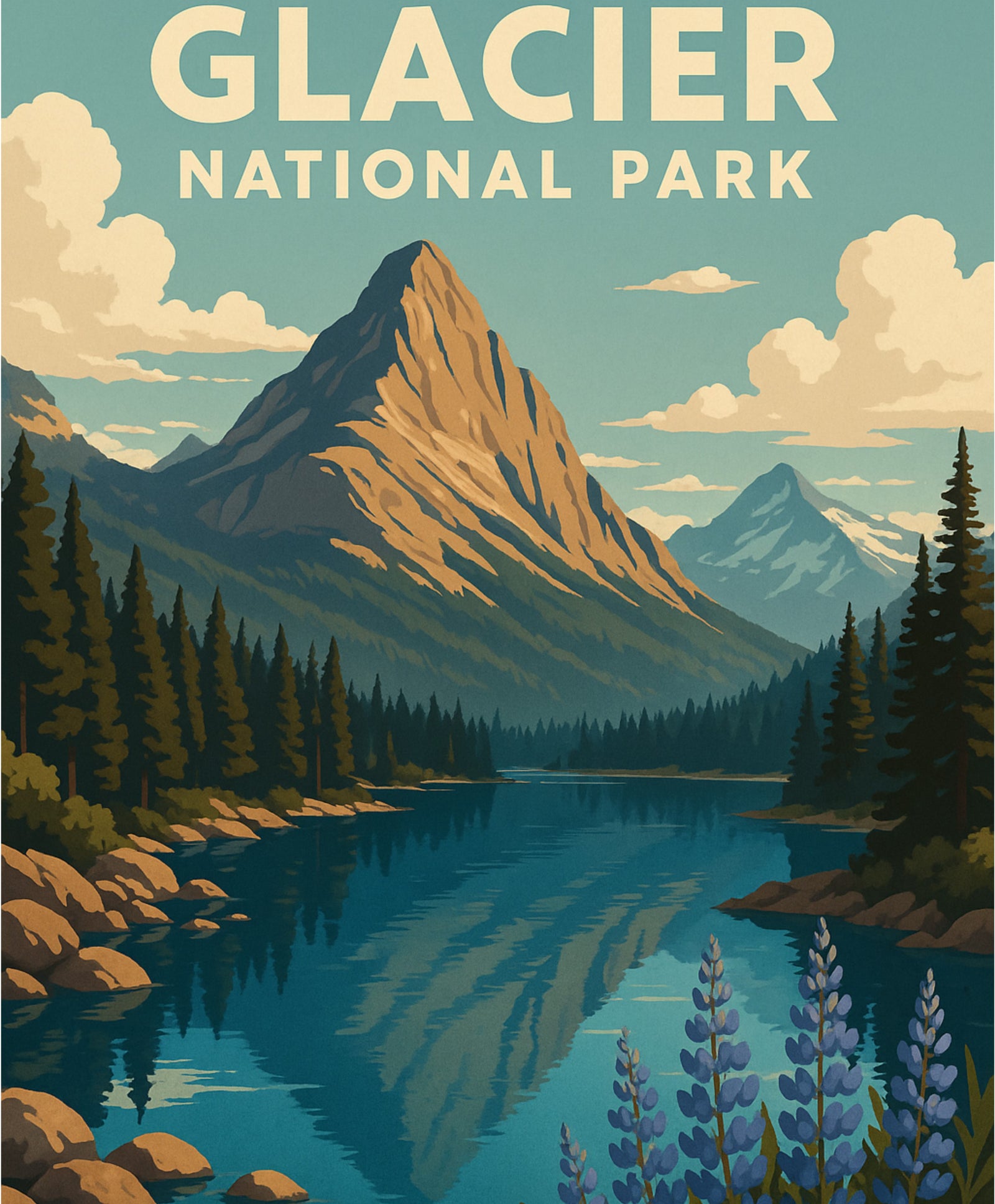 Glacier National Park DIY painting kit with Twin Pines View, mountains, and outdoor scenic beauty.