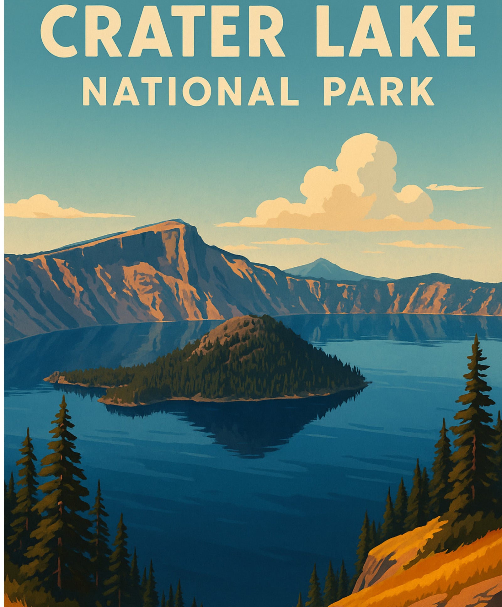 Paint by numbers lake scene, Crater Lake National Park with tranquil waters and forest backdrop.