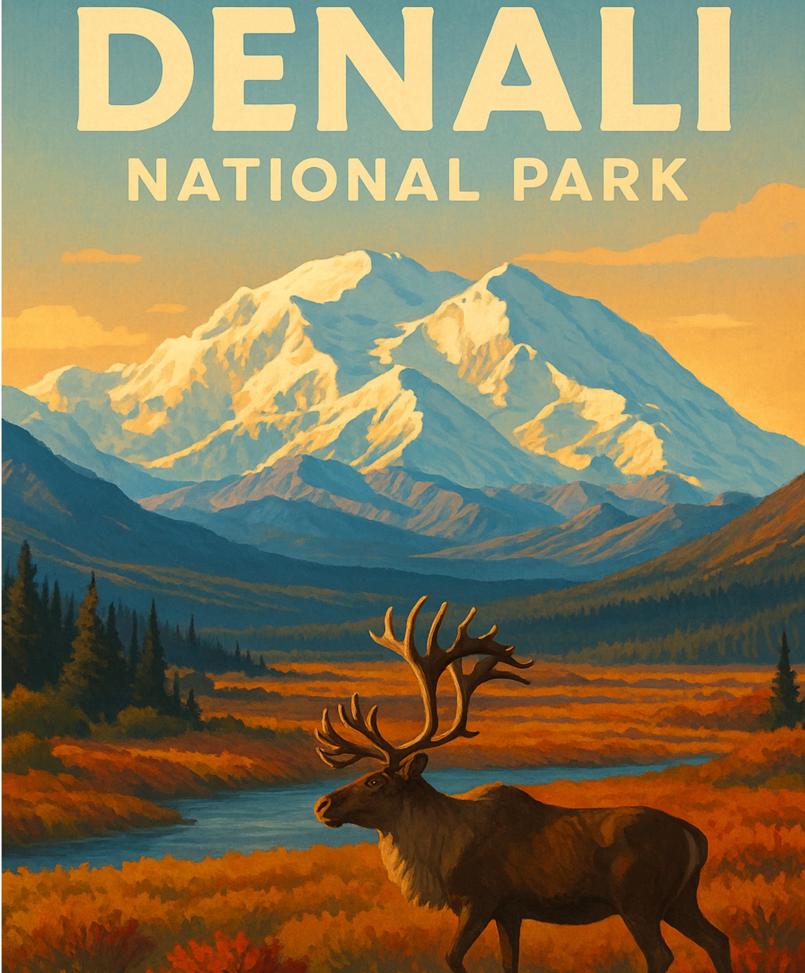 Malen-nach-Zahlen-Set mit malerischen Denali-Bergen und Wildtieren für Heimdekoration, Kreativität und achtsames Malen.